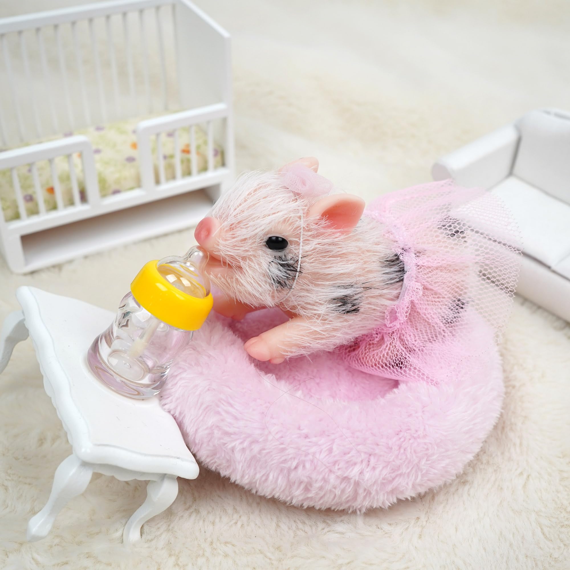 Newtotlove 5 Inch Full Silicone Piglet Mini Realistic Silicone Full Body Animal Cute Pig with Pink Skirt Accessories for Kids Gift