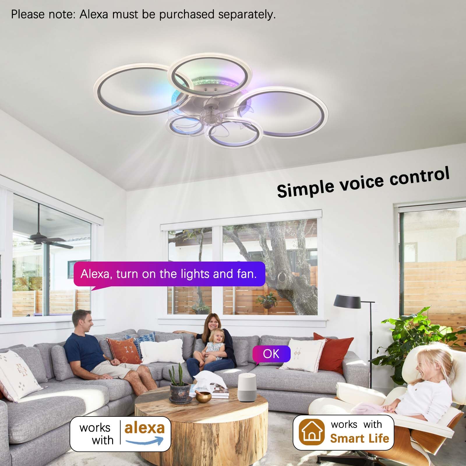 Reversibel Deckenventilator mit Beleuchtung 6-Gang Timer Alexa Kompatibel, Deckenlampe mit Ventilator LED Dimmbar,RGB Leise Lampe mit Ventilator Fernbedienung Wohnzimmer 95cm,Weiß | Reversible Timing 6 Geschwindigkeiten,Dimmbar Leise Wohnzimmer Kronleucht