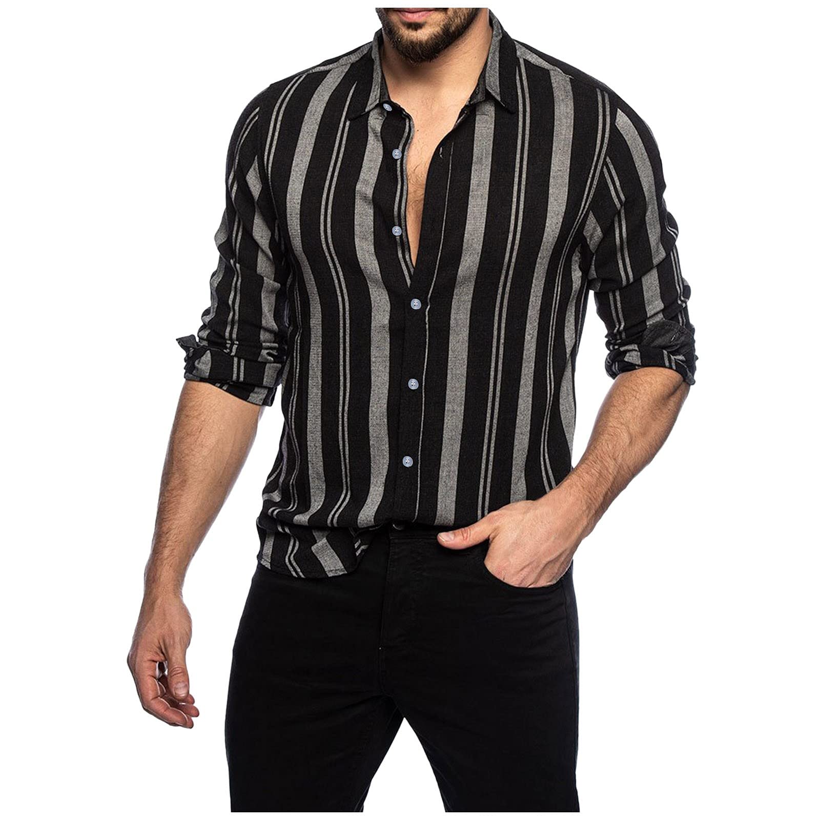 Cenlang Camisa a rayas para hombre, estilo vintage, con botones, manga larga, casual, ajustada, para negocios, Oxford