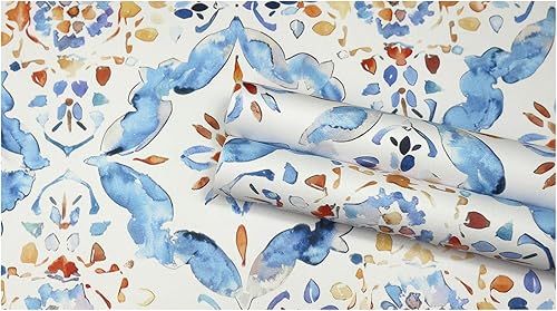 Miniatura 7 de HAOKHOME Papel tapiz geométrico para despegar y pegar, diseño de damasco floral azul/blanco/rojo, papel de pared extraíble, decoración moderna del