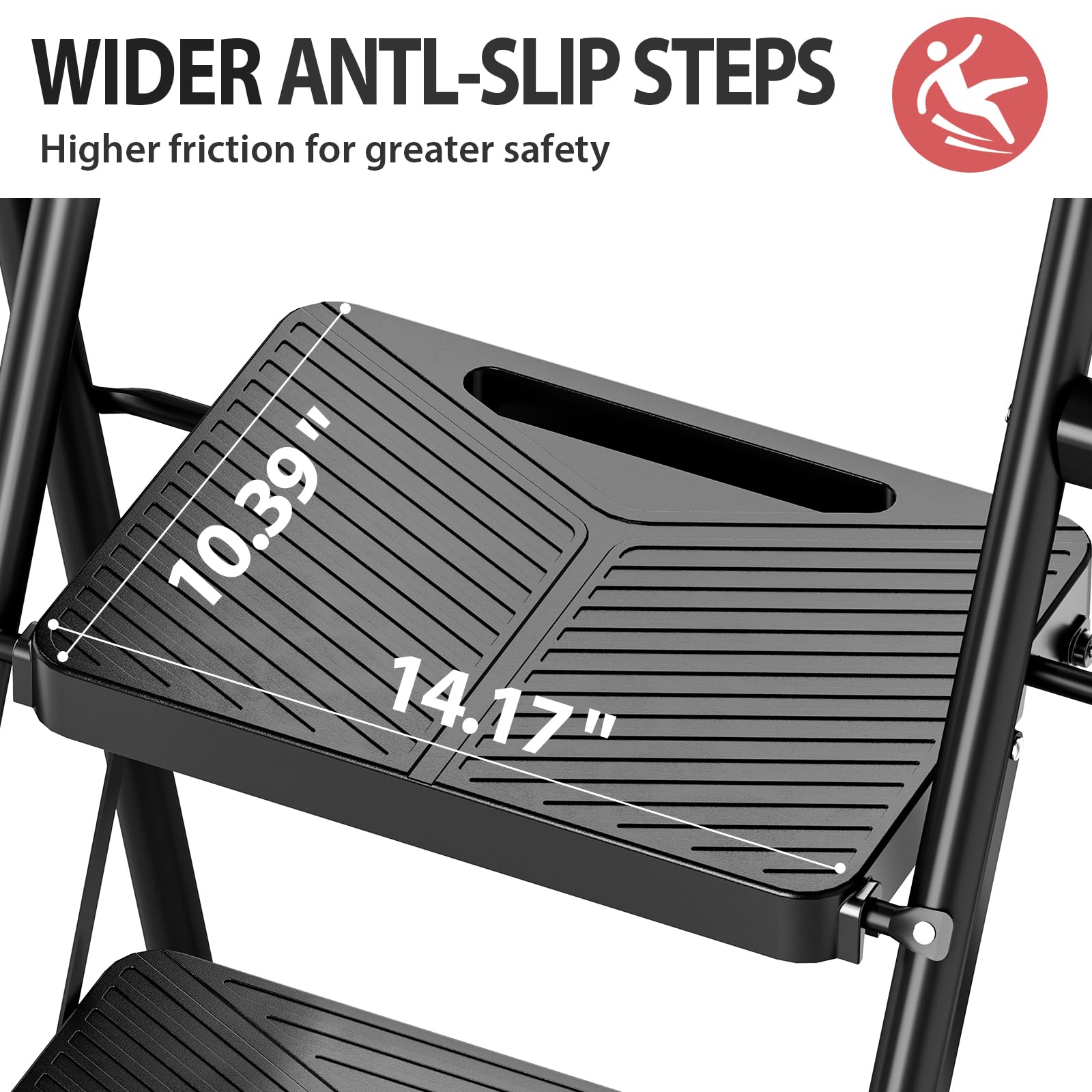 KINGRACK Escalera de 2 escalones, taburete plegable con diseño de bloqueo seguro, escalera de acero resistente de 500 libras con pedal antideslizante ancho, pasamanos conveniente para el hogar y la
