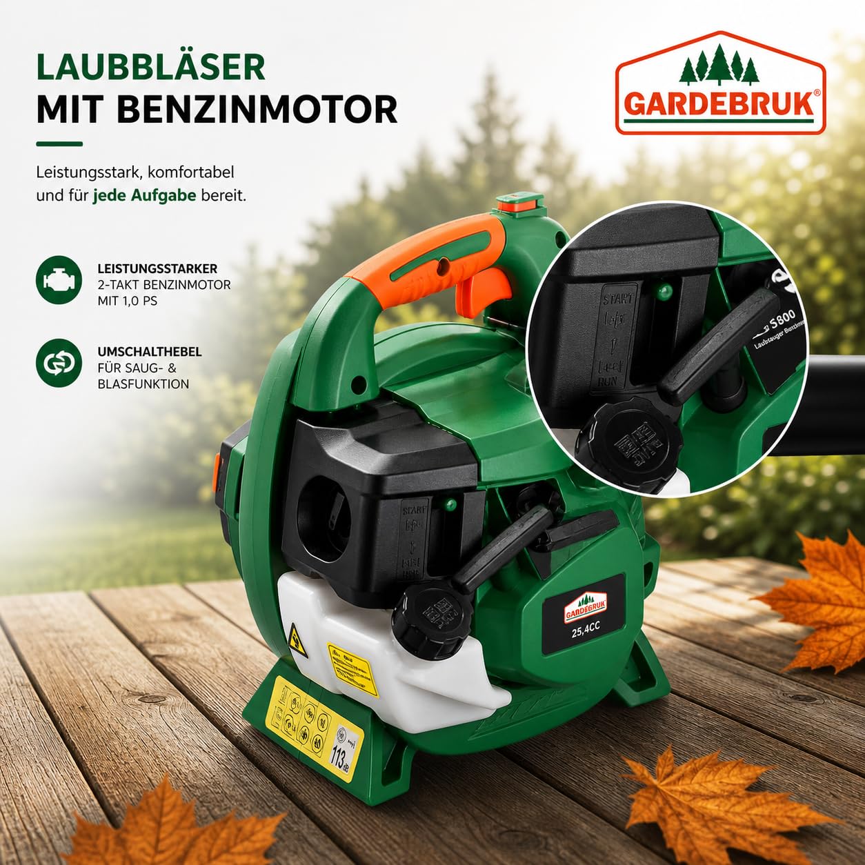 GARDEBRUK® Laubsauger 4 in 1 Benzin Blasgeschwindigkeit 68m/s Fangsack 45L inkl Werkzeug Laubbläser Häcksler Gartensauger