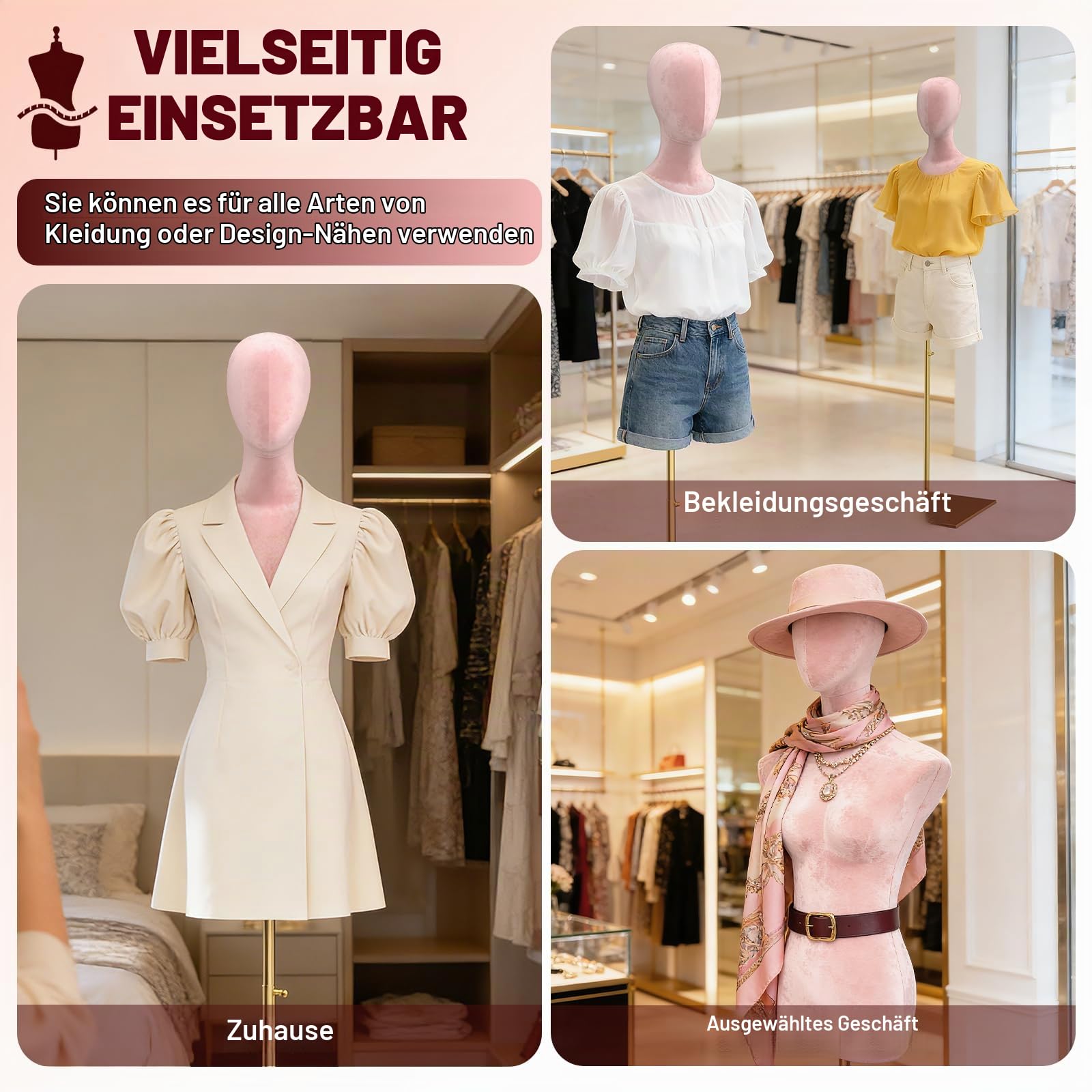 HIYOUGO Schaufensterpuppe, Samt Weiblich Schneiderpuppe, Rosa | Schneiderbüste mit Verstellbarer Höhe Damenbüste Mannequin Kleiderpuppe Torso Weibliche Büste Kleid Ausstellungsstand
