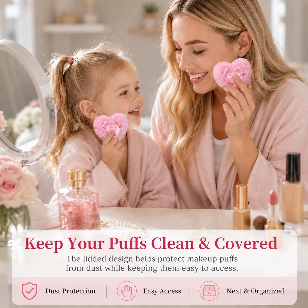 Dusting Powder Container with Puff, Heart Glass Powder Puff