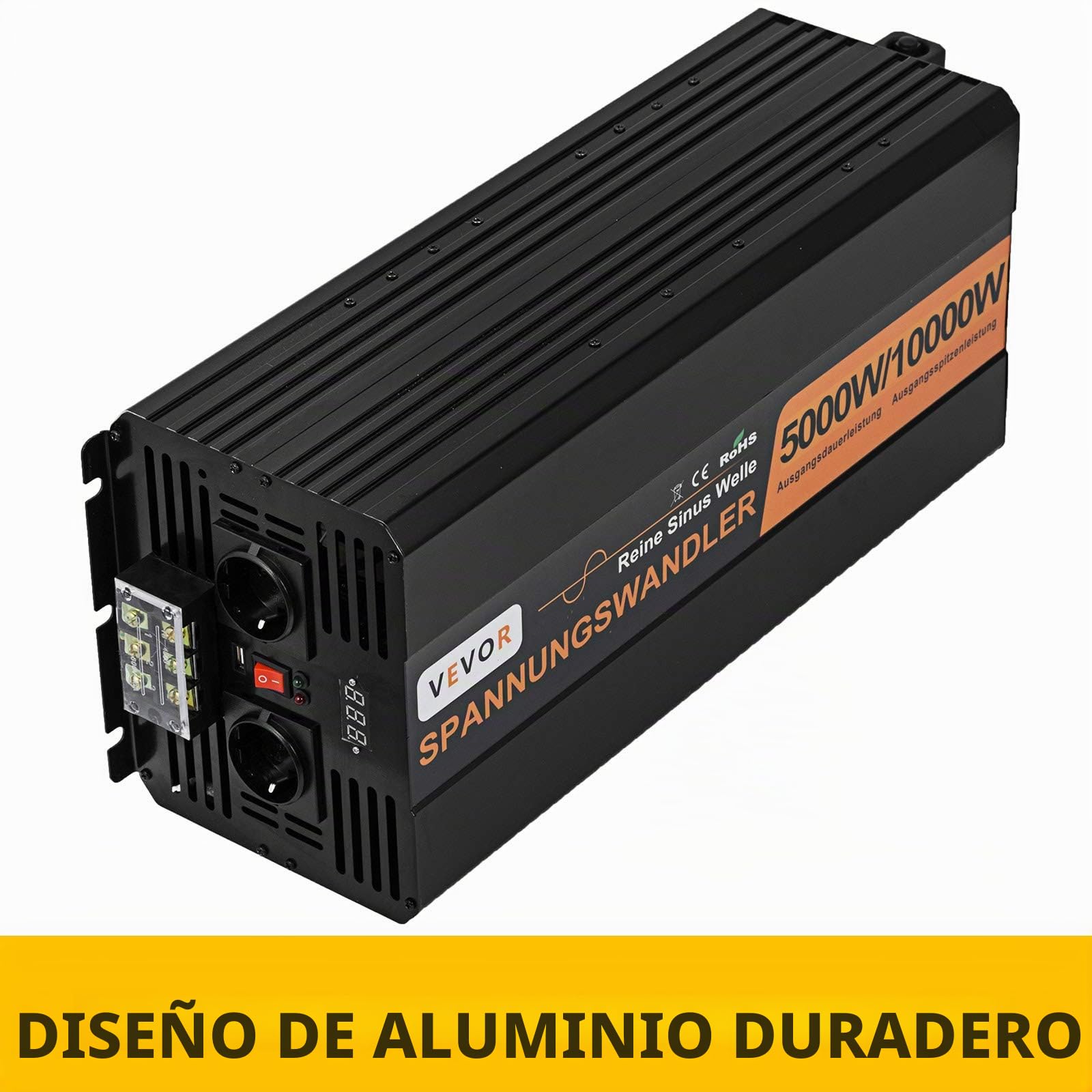 VEVOR Inversor de Onda sinusoidal Pura, 5000W 10000W, convertidor de Voltaje DC 24V a 230V AC LCD USB Ventilador de enfriamiento de Alta Velocidad de Aluminio con Control Remoto por Cable