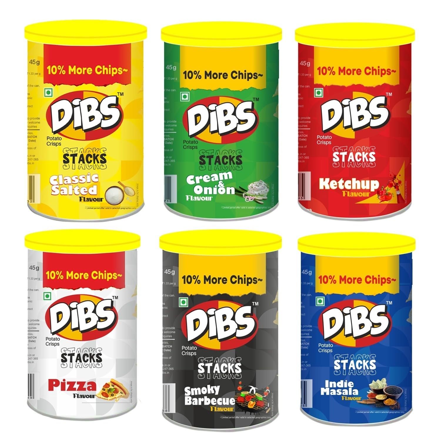 Dibs stacks (Pack of 6, 45 GM Each) Cream N Onion, Classic Salted, Smoky Barbecue, Pizza, Tomato Ketchup, Indie Masala Potato Crisps Chips On the Go Adventure, Crunchy Healthy and Tasty Chips, Snacks Chips (B0CKTN7B16) Amazon Price History, Amazon Price Tracker