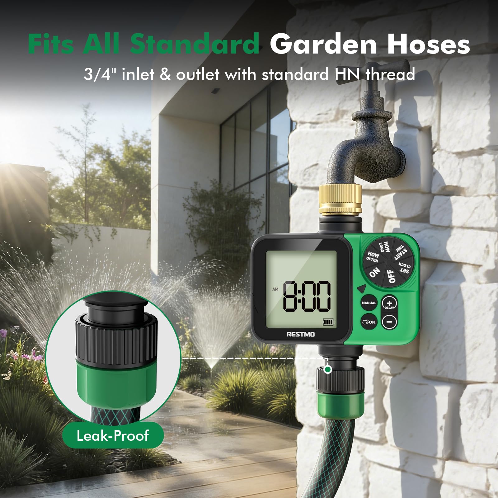 RESTMO Timer di irrigazione LCD di grandi dimensioni per rubinetto del tubo esterno, fino a 11h59m Timer di irrigazione programmabile per tubo di immersione, riempimento, nebulizzazione con ingresso