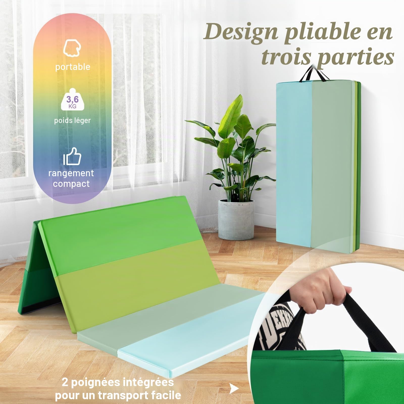 FANTASK Tapis de gymnastique pliable pour la maison, 180 x 120 cm, tapis de fitness, pliable en 5 positions, en polyuréthane, avec poignée de transport, tapis de sport, tapis de sol souple pour