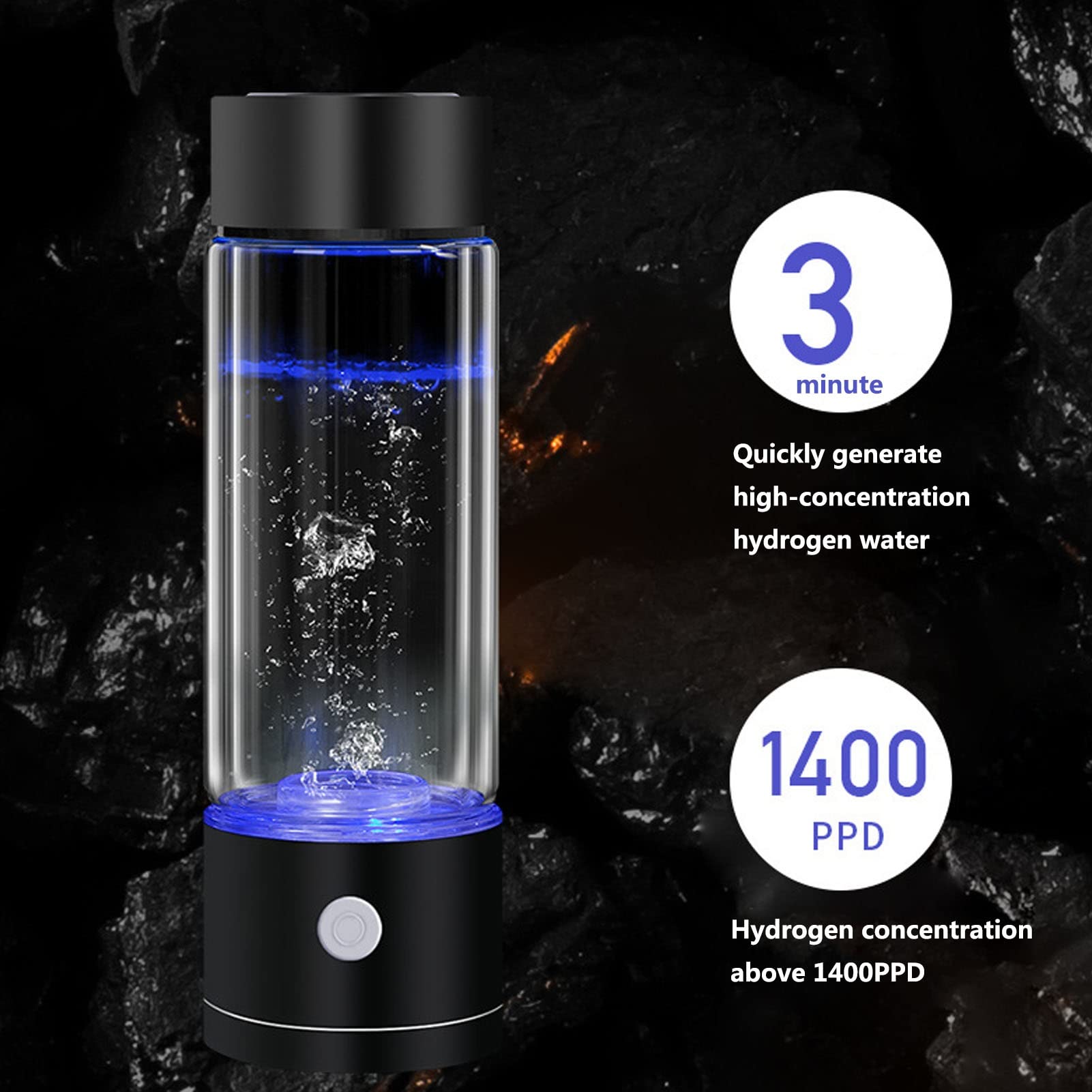 Générateur d'eau Bouteille d'eau Riche hydrogène Générateur d'eau alcaline hydrogène Ioniseur Technologie SPE/PEM Augmente teneur hydrogène jusqu'à 1300-1600 PPB avec Adaptateur Bouteille d'inhala