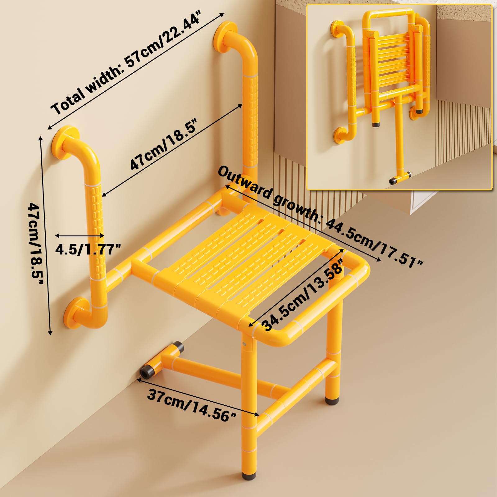 Taburete de ducha plegable, asiento de ducha plegable con reposabrazos, acero inoxidable, para montaje en pared hasta 150 kg, ahorra espacio, seguridad para personas mayores discapacitadas