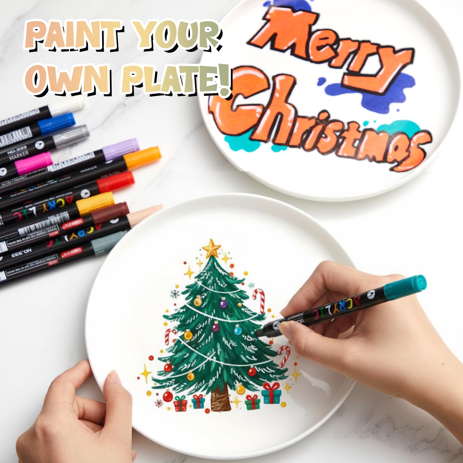 Sinmoe DIY Keramik Bemalen Set 3 Keramikplatte Weiß Servierplatte Salatteller 12 Porzellanstifte Spülmaschinenfest Keramikstifte Geschenkbox Weihnachten Mädelsabend Familie (Schmale Kante Rund,8 Zoll)