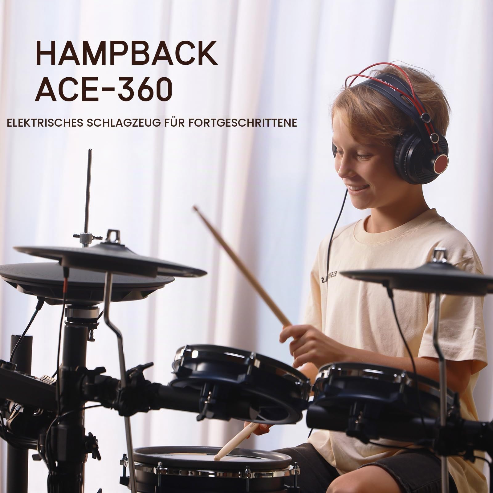 HAMPBACK ACE-360 Elektrisches Schlagzeug-Set mit 4 Quite Mesh Elektronischen Pads, 5 Zoll Kickdrum 12 Kits und 68 Authentische Sounds, USB MIDI, Thron, Sticks, Kopfhörer, 2 Switch Pedale für Anfänger