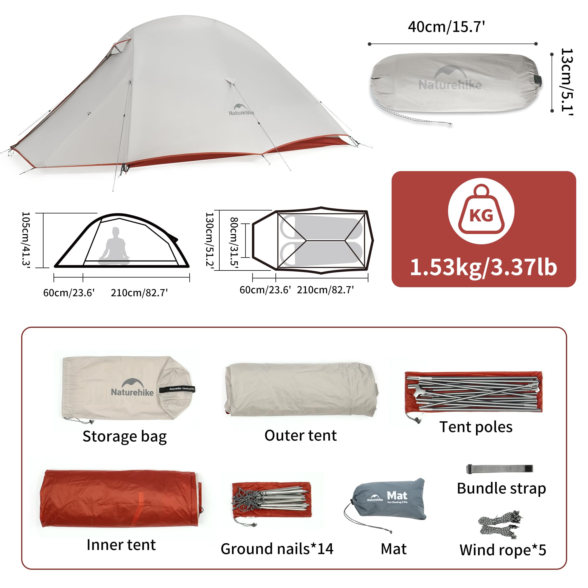 Naturehike Cloud up 2 Person Silicone Waterproof Tent Lightweight Ultralight Backpacking Tents with Footprint for Camping Hiking Backpacking - Image 2