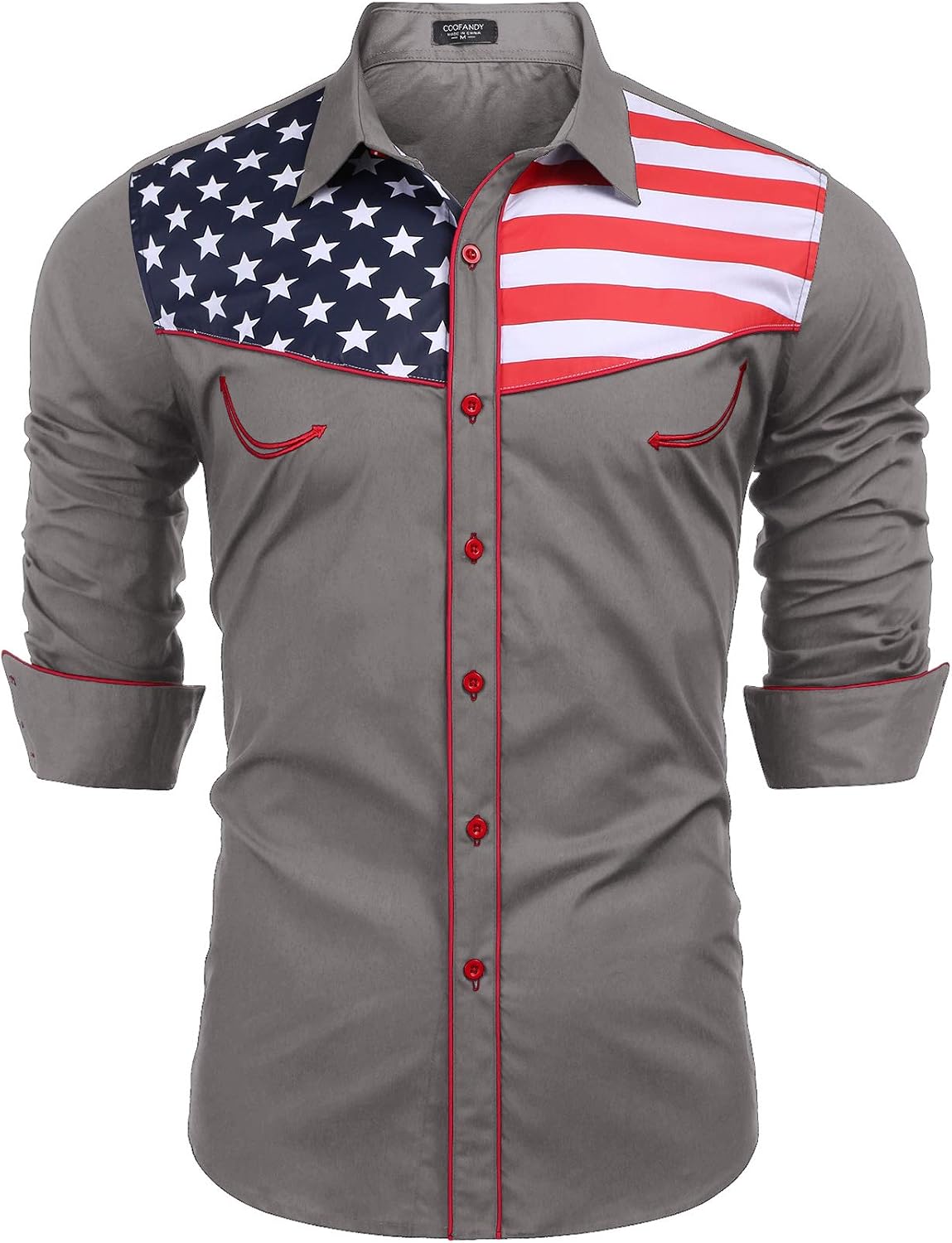 COOFANDY American Flag Western Shirt Long Sleeve Patriotic Button Down Shirts for Men (Large, Charcoal)