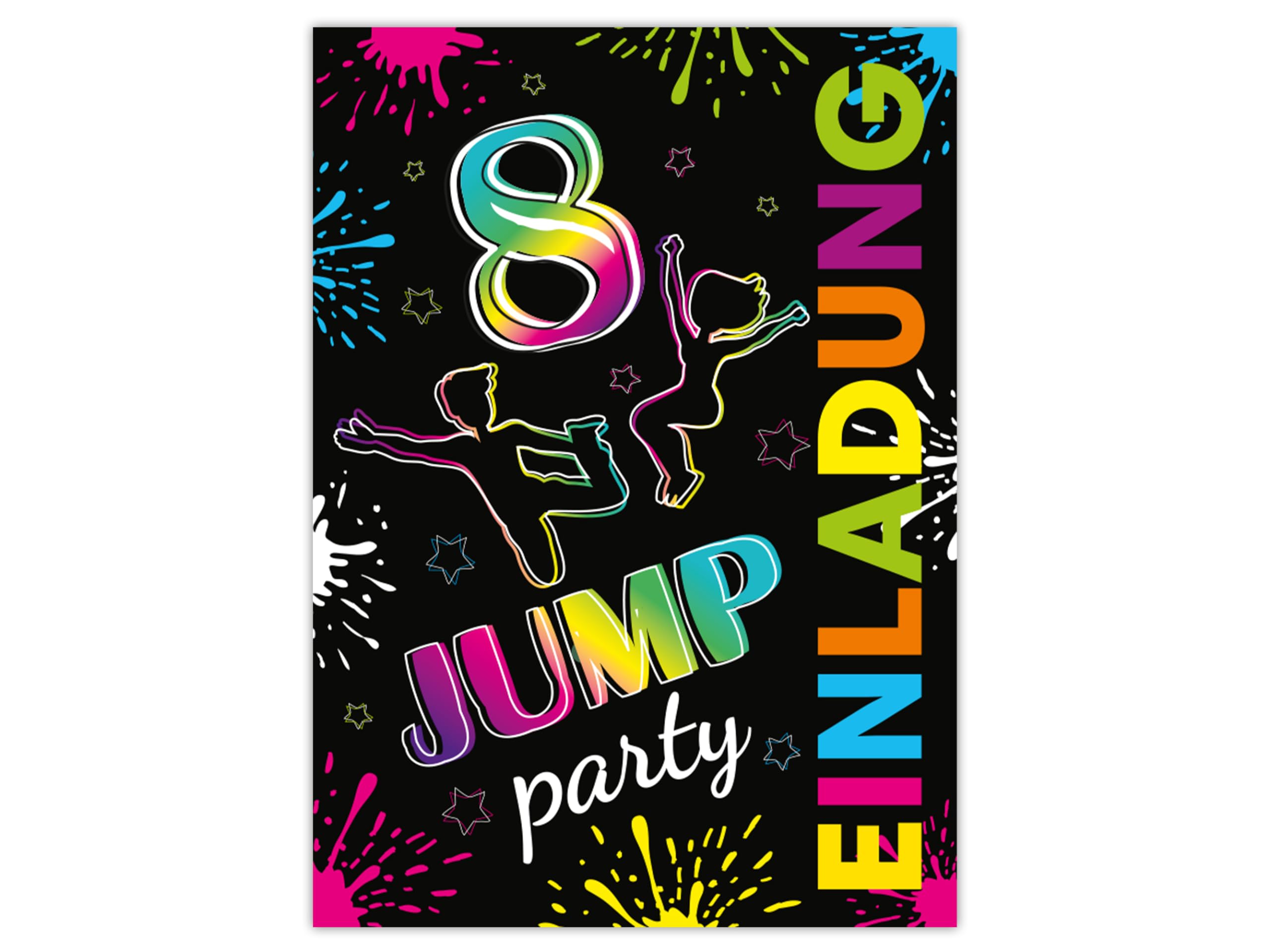 12 Einladungskarten zum 8. Kindergeburtstag Jump Party Geburtstag Kinder Jungs Mitgebsel inkl. 12 Umschläge, 12 Tüten, 12 Aufkleber, 12 Lesezeichen, 12 Blöcke, 12 Stadt-Land-Fluss, 12 Tic Tac Toe