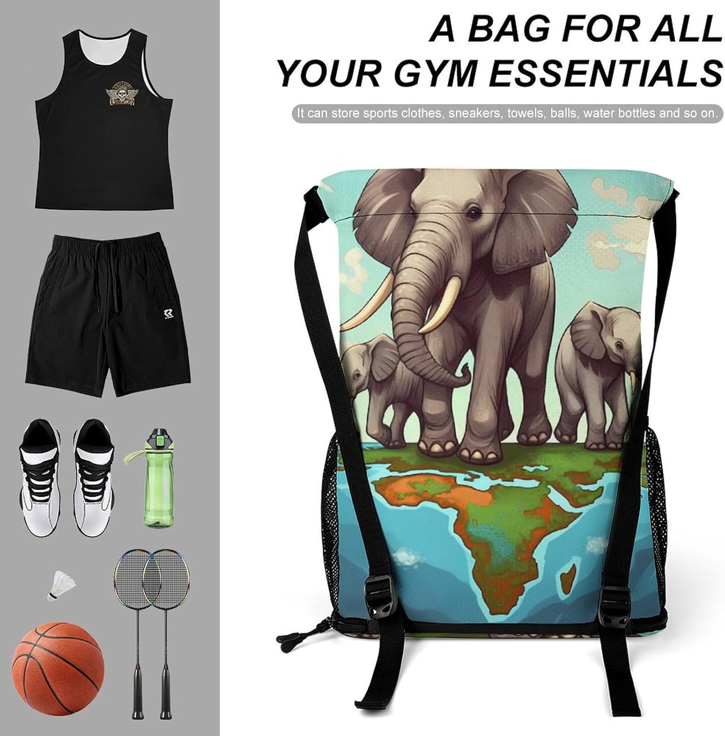 Small Gym Bag Elephants Printed Drawstring Gym Bag for Men Lightweight Waterproof Drawstring Backpack for Women with Shoe Compartment for Travel Tourism Work And Fitness