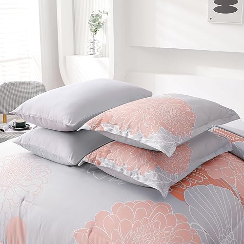 Miniatura 6 de Yiran Juego de edredón de 7 piezas color gris rubor floral en una bolsa, juego de ropa de cama de microfibra suave, tamaño Queen de 90 x 90 pulgadas