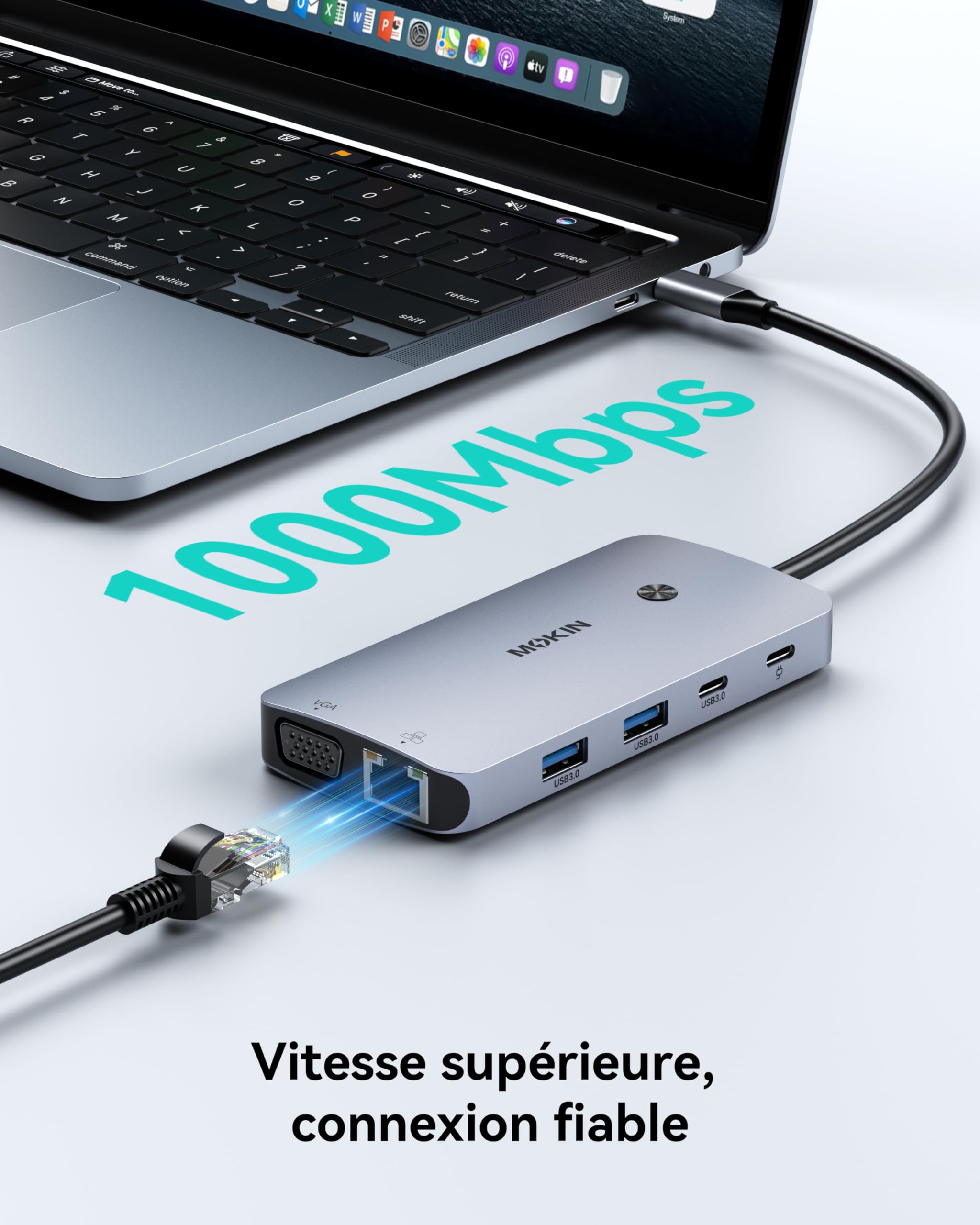 MOKiN Station d'accueil USB C Triple Écran 9 en 1 Dock USB C Double HDMI 4K DisplayPort VGA PD 100W Ethernet Gigabit USB A/C 3.0