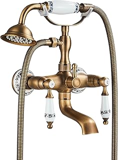 Comprar Grifo para bañera con alcachofa de ducha, grifo de pared antiguo vintage, juego de ducha con 2 mandos de porcelana azul y blanca, soporte y flexible de 1,5 m, bronce