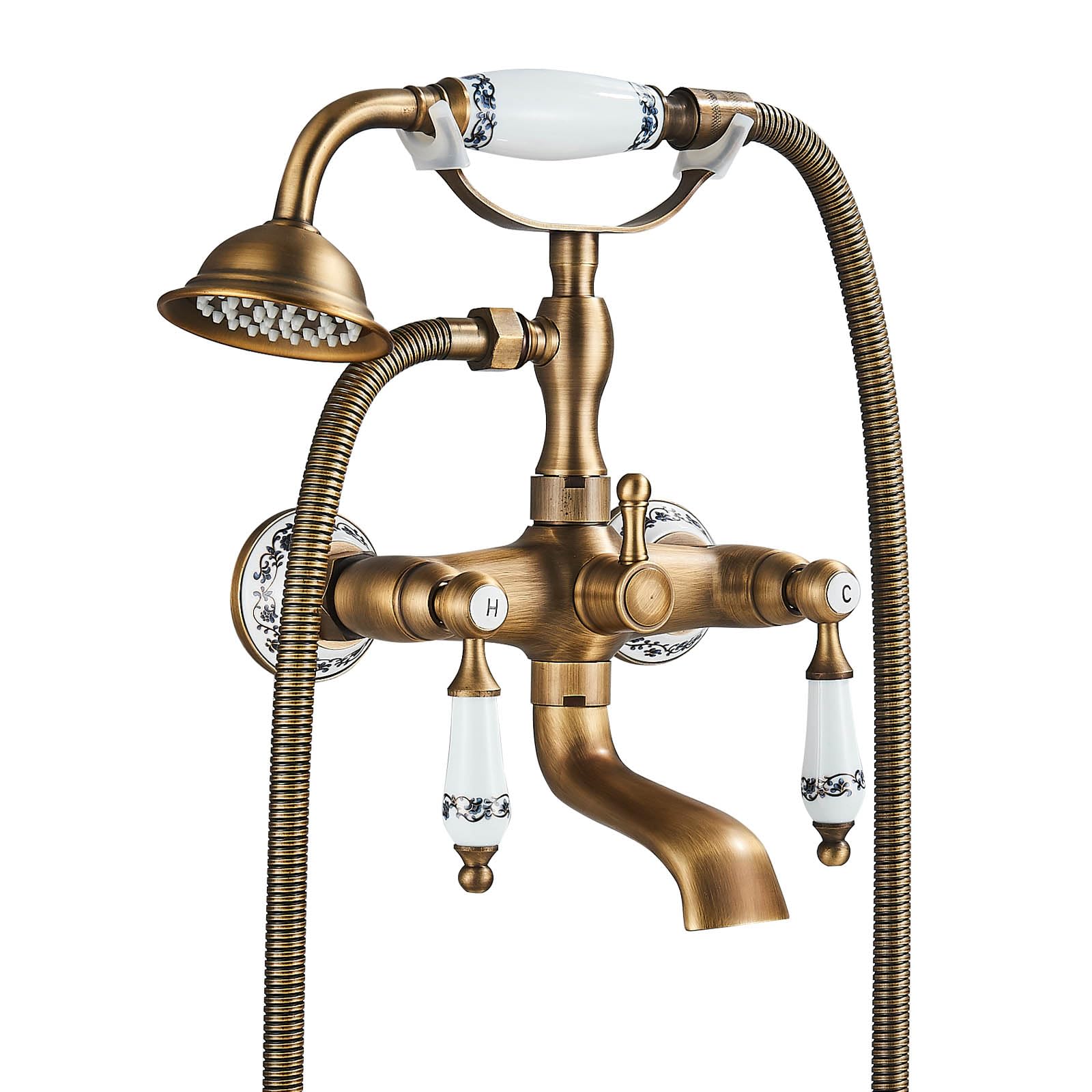 Wasserhahn für Badewanne mit Handbrause, Antik-Vintage-Wandarmatur für Dusche, Set Duschkopf mit 2 Griffen aus Porzellan blau und weiß, Halterung und flexibel 1,5 m, bronzefarben