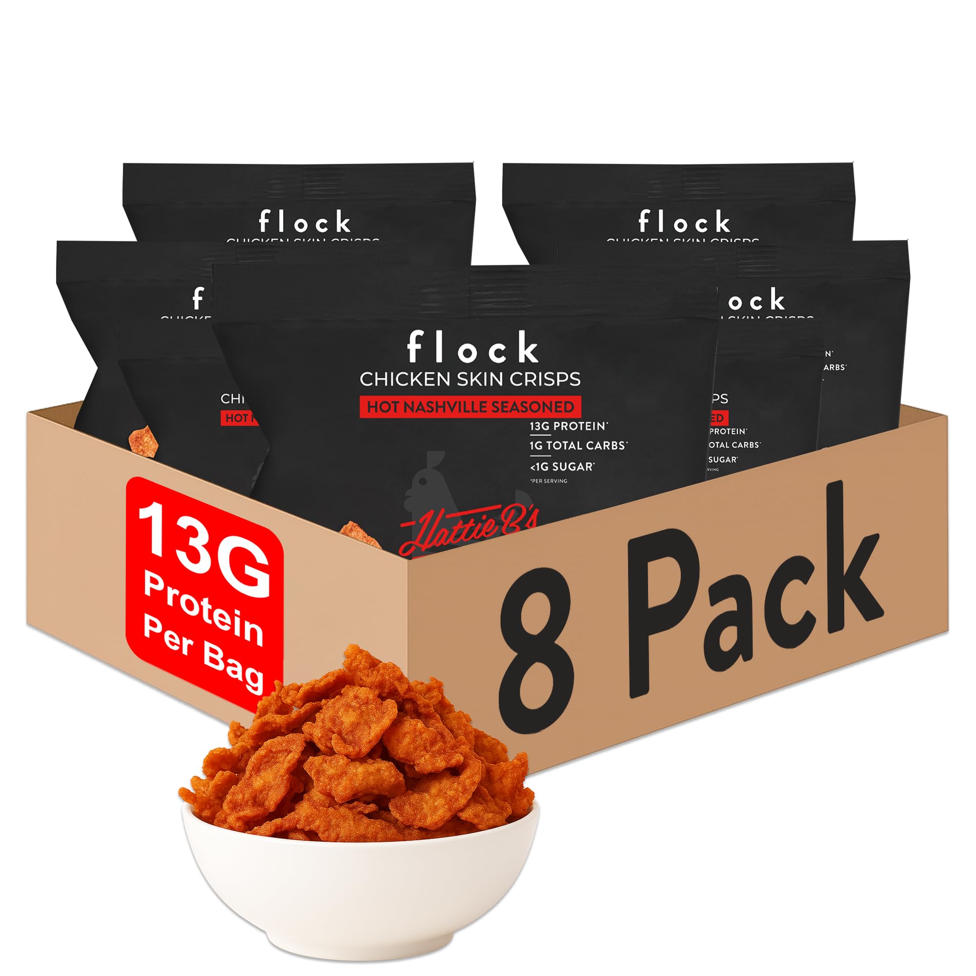Flock Keto Chicken Skin Chips – | Hattie B's Nashville Hot Flavor | Low Carb, High Protein, Gluten-Free Chicken Crisps, Keto Snack, Low Carb Chips, Protein Crackers, Diet Snacks, 8-Pack (1oz)