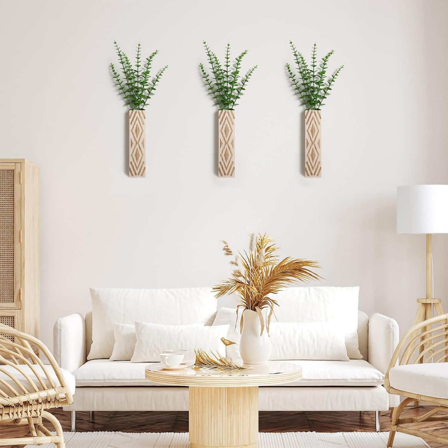 Boho Deko Wandvase Holz 3 Stück Wand Pflanzgefäße Holzvase Innenbereich Wandbehang für Grünpflanzen Getrocknete, Wohnzimmer Wanddekoration Trockenblumen Wandvase (Kiefernholz(ohne Pflanzen))