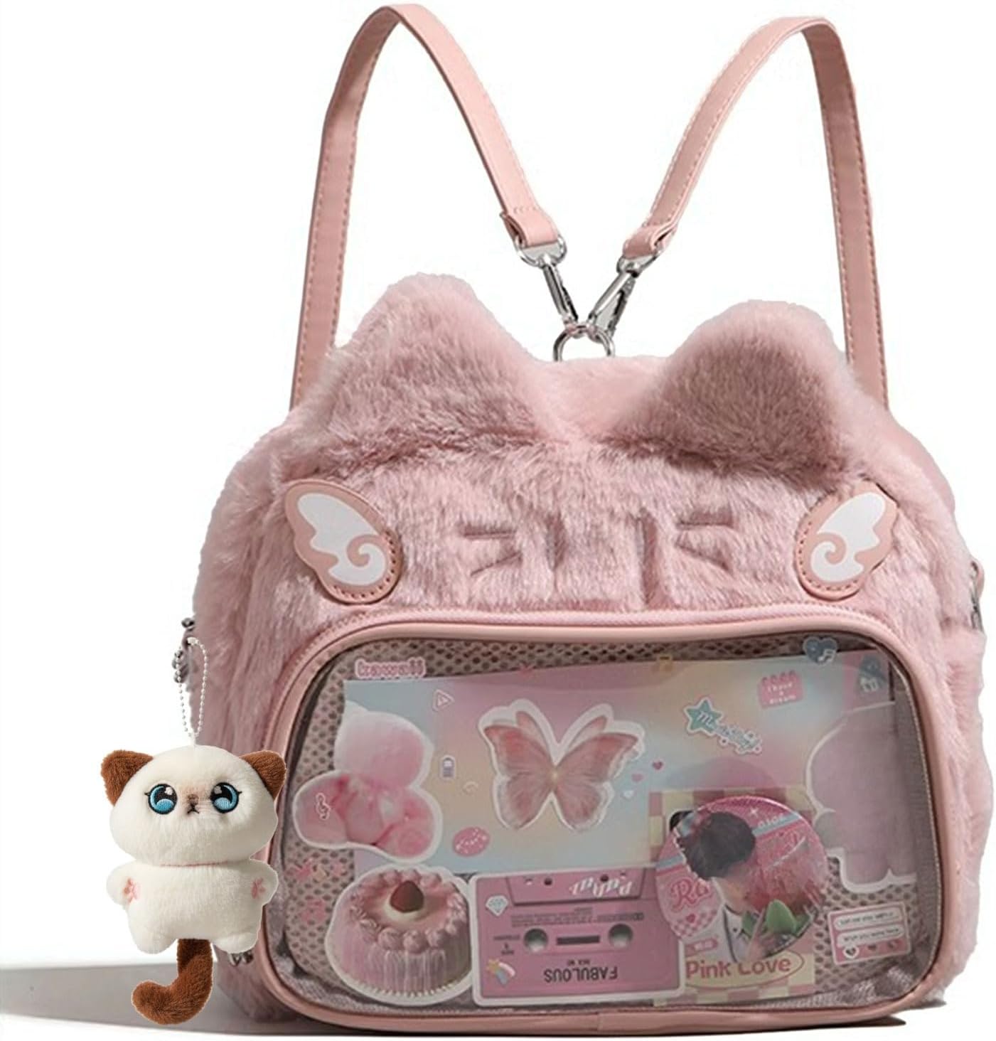 Women Y2K Crossbody Ita Bag Cute Large Capacity Plush Pink Cat Backpack with Cartoon Charm Anime Display for Travel (Brown)