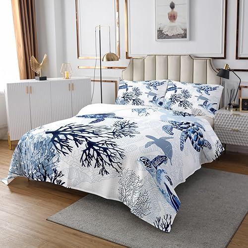 Miniatura 3 de Erosebridal Juego de ropa de cama de tortuga, tamaño individual, color blanco y azul, juego de colcha de tortuga hawaiana para niños, colchas de
