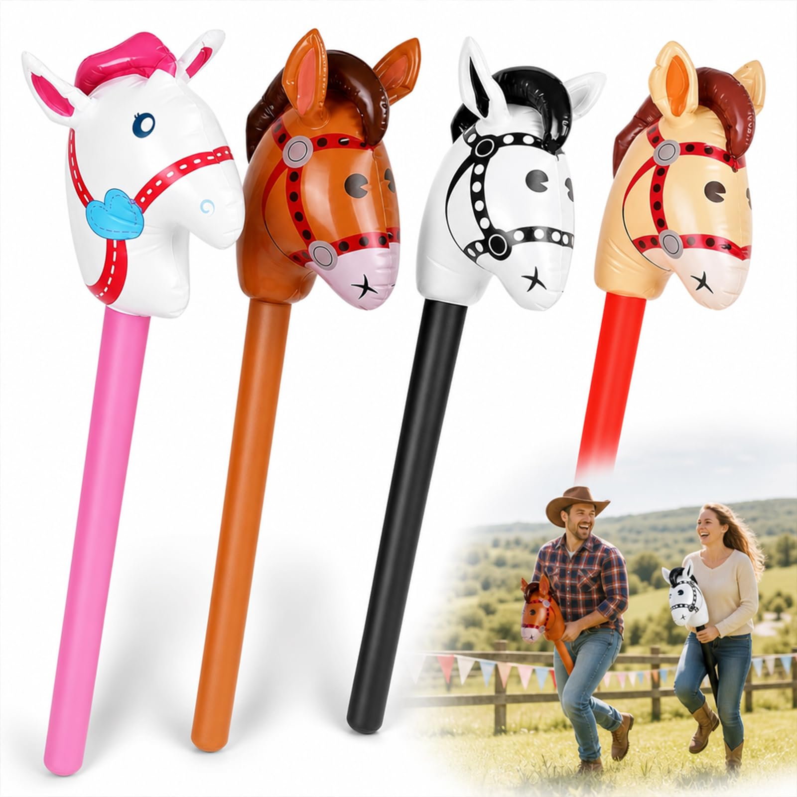 Dfiupdn 4 Pcs Inflatable Horse Set, 95cm Hobby Horse Stick for Parties