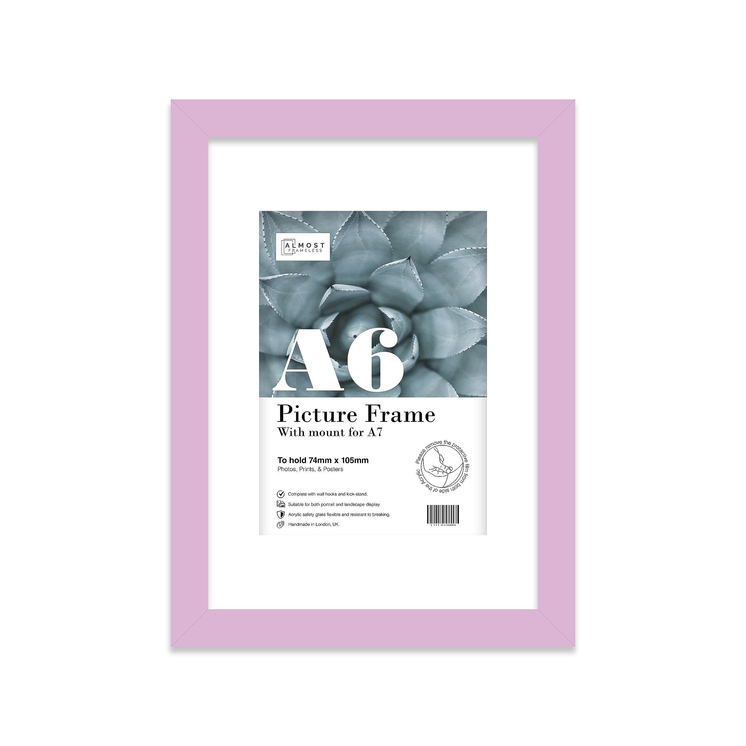 Almost Frameless A6 Lilac Picture Frame With Mount for A7 Print, Poster or Photo Poster, Photo, Artwork, or Print. Thin Edge Slim Frame Portrait and Landscape Display with Wall Hooks — image 1