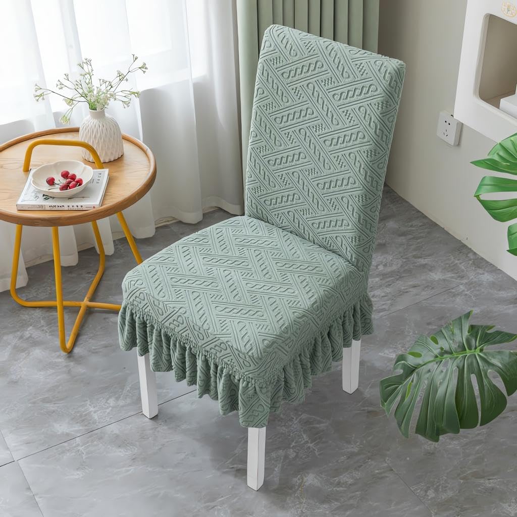 Stretch Parson Jacquard Seat Covers, Dining Room Chair Cover Set of 2, Integrated Dining Chair Cover, Kitchen Chair Covers Slipcover Protector, Fitted Furniture Covers,Green 2