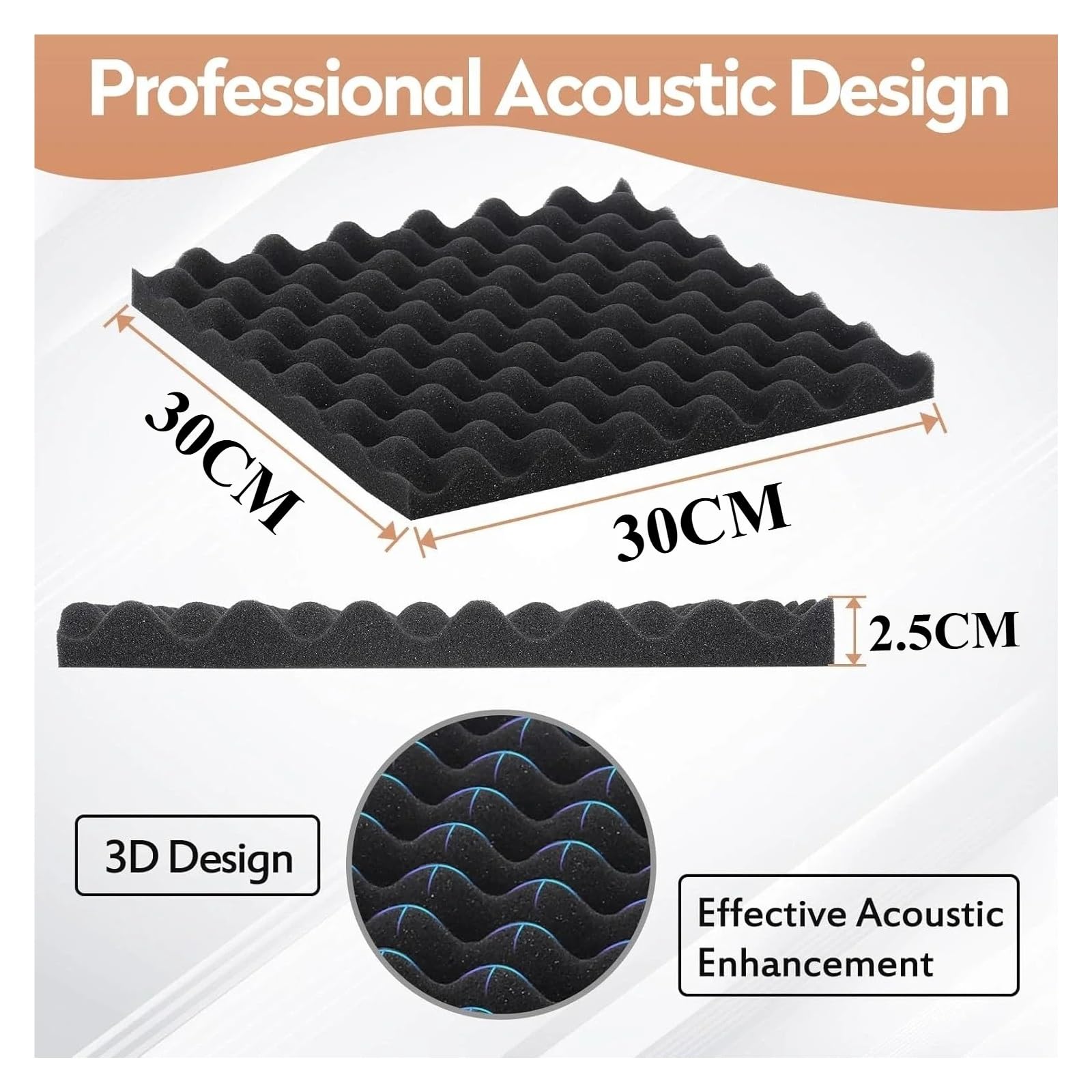 Pannelli in Schiuma Acustica Schiuma acustica fonoassorbente da parete 30x30 cm, materiale super, pannello for pareti, studio, casa, KTV, cotone all'uovo(24PCS)