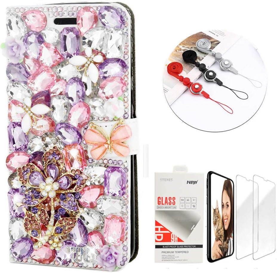 STENES Bling Wallet Phone Case Compatible with Samsung Galaxy Z Fold 4 5G - Stylish - 3D Handmade Sunshine Flower Butterfly Leather Cover with Neck Strap Lanyard & Screen Protector - Purple