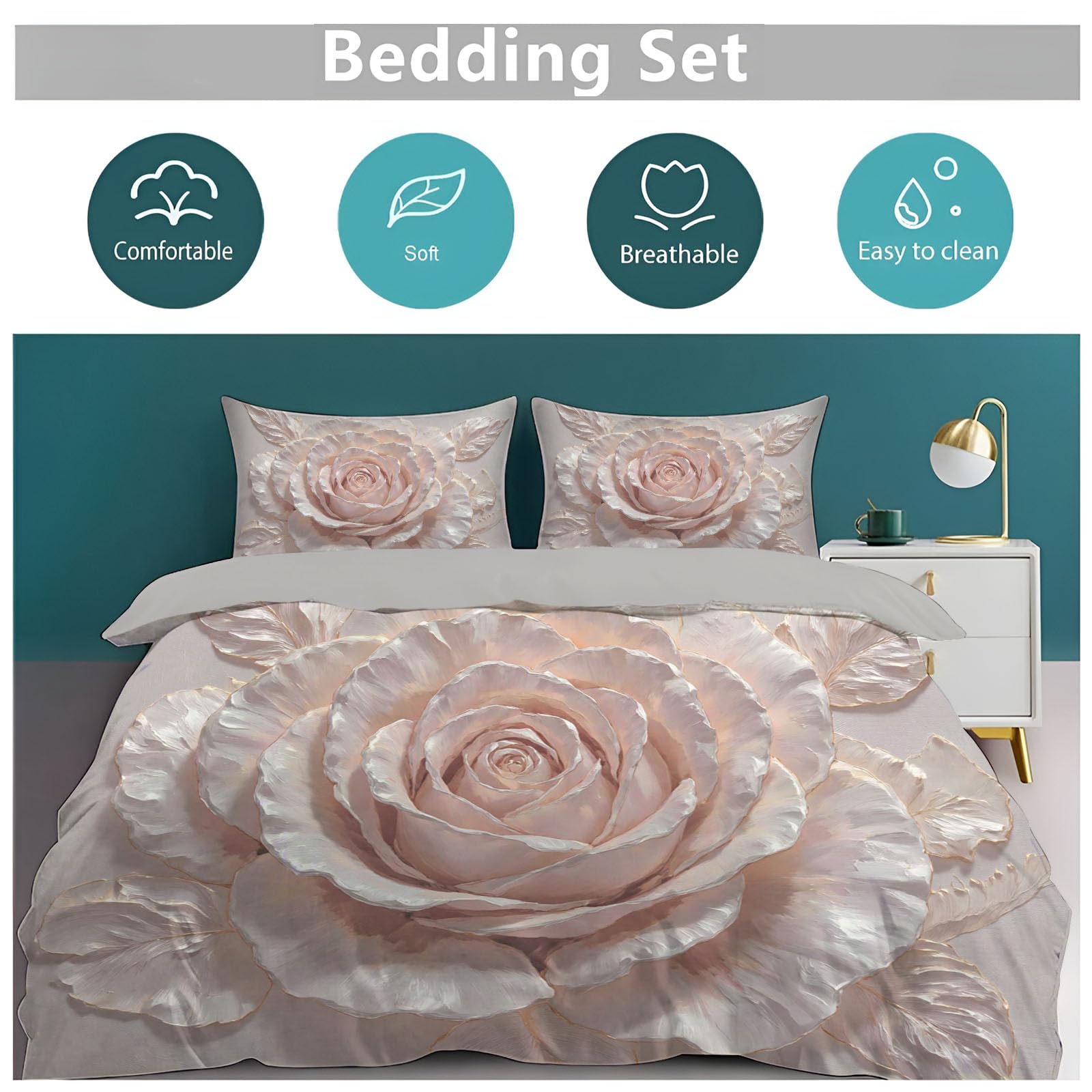 Copripiumino Matrimoniale Fiori Squisiti, Set di Biancheria da Letto Microfibra 3 Pezzi, Parure Copri Piumino 260x240CM e 2 Federa 50x75, Crema Copritrapunta con Cerniera