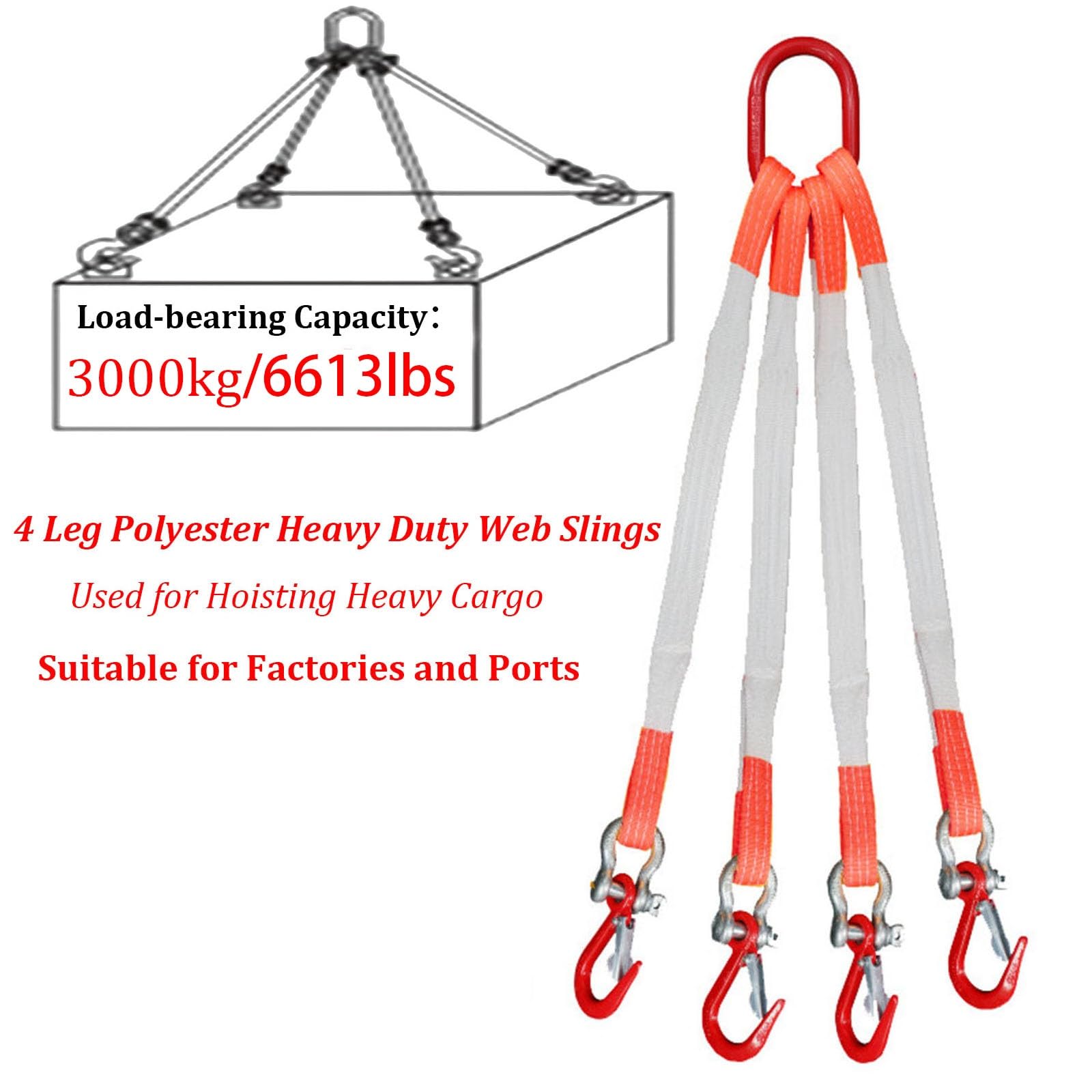 Eslingas de elevación de 4 Patas con Ganchos, eslingas de poliéster de Alta Resistencia de 3T con Anillas, Correas de Aparejo para reparación de maquinaria(1.64ft/0.5m)