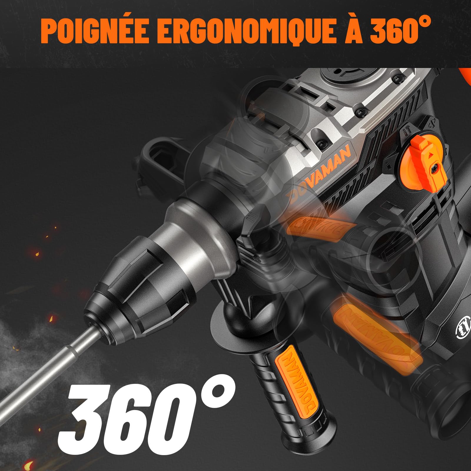 DOVAMAN RH15A Marteau Perforateur SDS-Plus 1500W, 7 Joules, 4 Fonctions, 900 tr/min, 4350 cps/min, Anti-Vibration, Embrayage de Sécurité, avec Forets & Burins, pour Béton et Maçonnerie, avec Coffret
