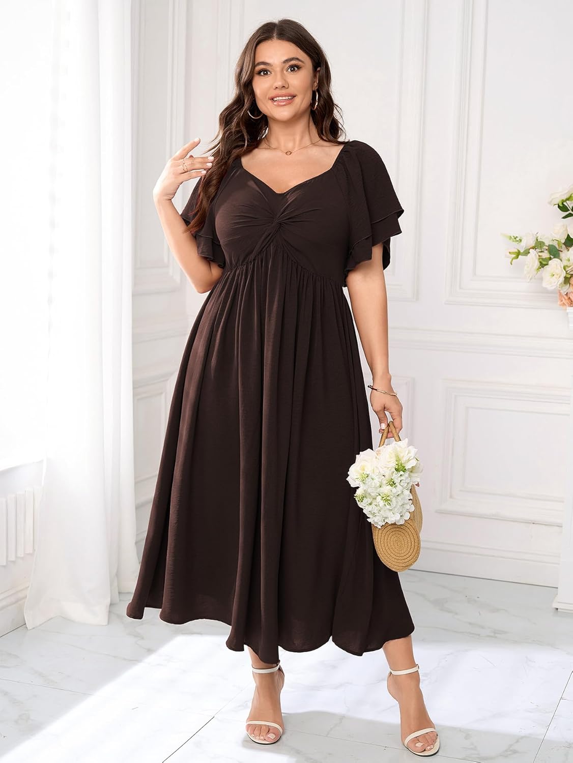 SCOMCHIC Women's Plus Size Wedding Guest Cocktail Dresses Sweetheart Neckline Ruffle Sleeve A Line Maxi Dress - Image 2