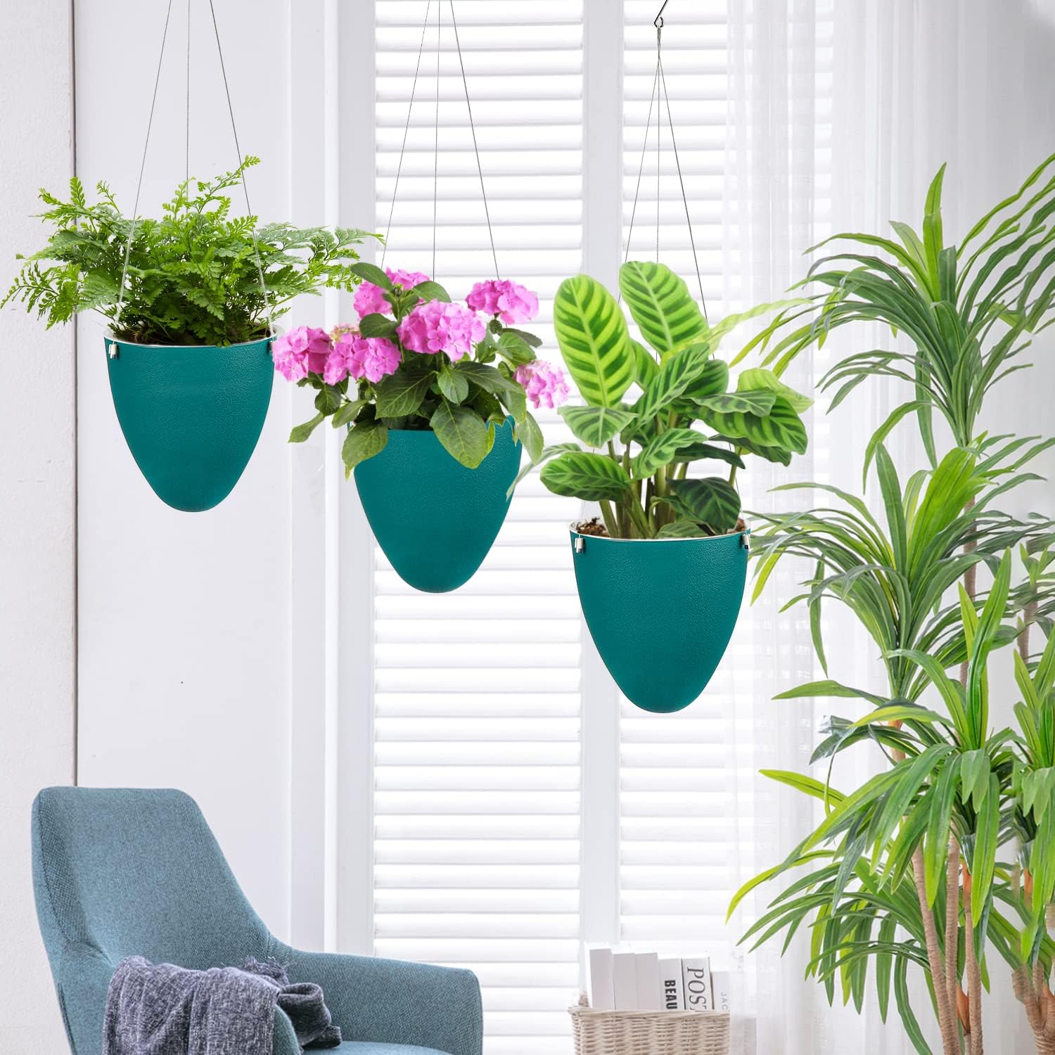 Sungmor Unique Eggshell Self Watering Hanging Planters, 3PC Modern Fashion Teal 7.2" Dia Large Waterself Hanging Pots for Plants, Indoor Outdoor Ceiling Hanging Baskets Flowerpot Wicking Planter Pots