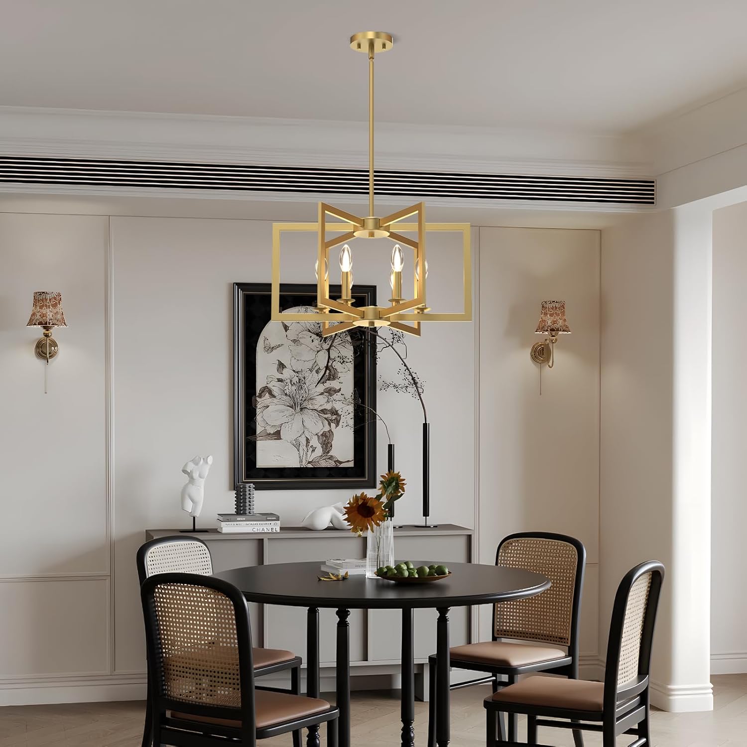 Modern Gold Chandelier, 6-Light Geometric Dining Room Light Fixture, Industrial Pendant Lights Kitchen Island, Hanging Metal Farmhouse Chandelier for Bedroom, Entryway, Foyer, Kitchen, Living Room