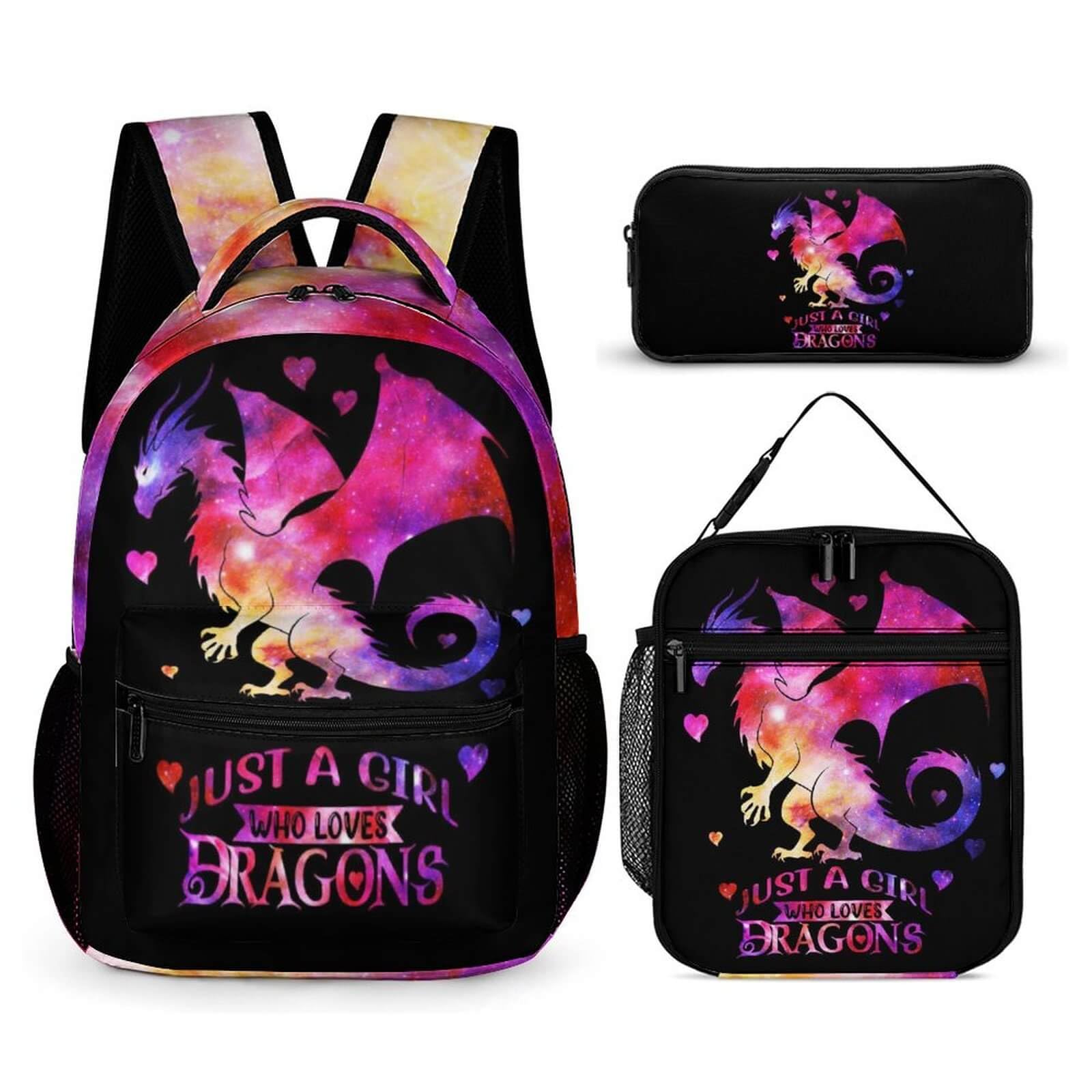 CaomeiWu Dragon Backpack with Lunch Box & Pencil Case, 16 Inch Cute Dragon Bookbag for Kids Girls Boys School, School Backpack for Students Children,