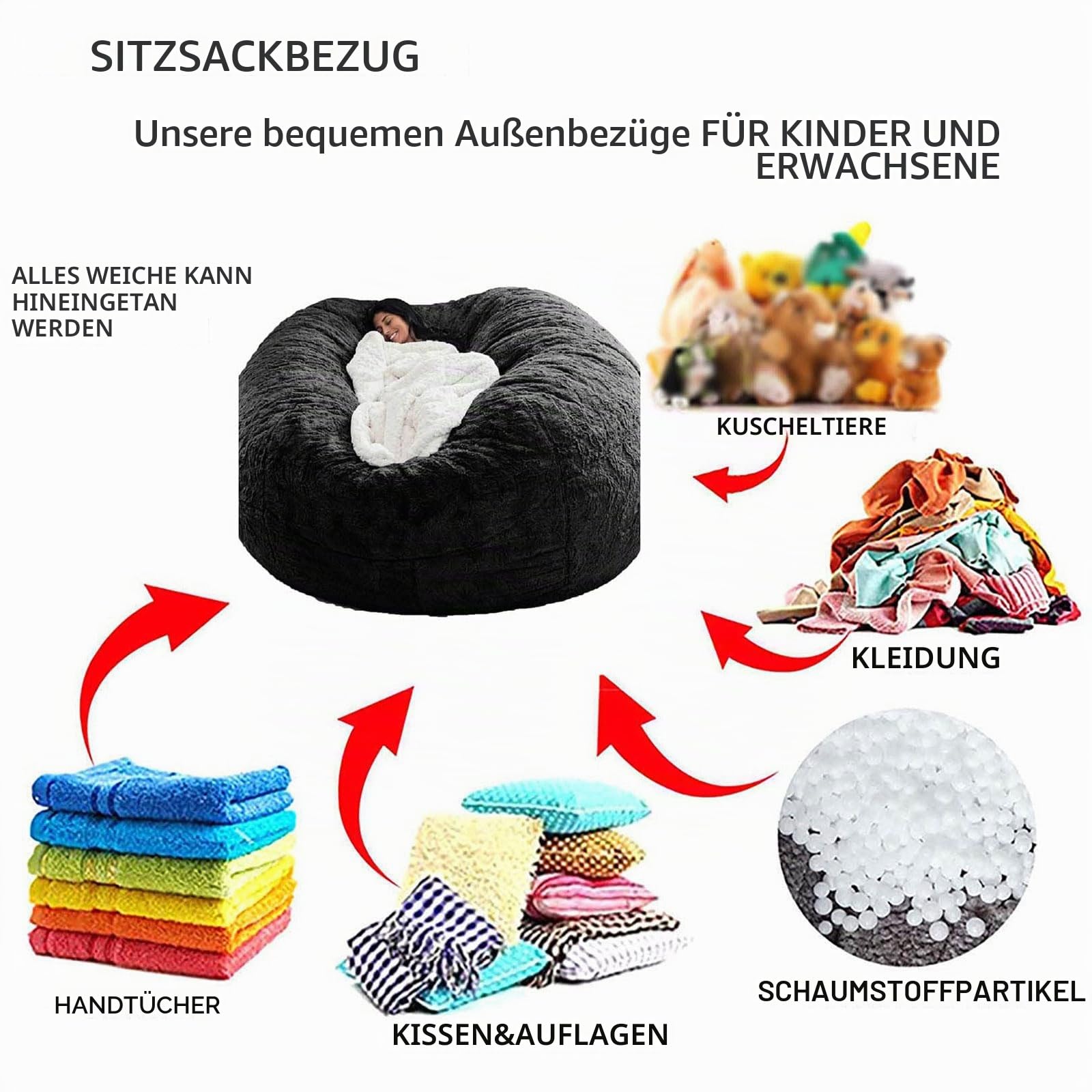 Riesiger Pelz-Sitzsack Bezug für Wohnzimmermöbel Erwachsene– Sitzsack XXL aus flauschigem Velours – Indoor Lounge-SitzsackBezug waschbar & gemütlich(Keine Polsterung)