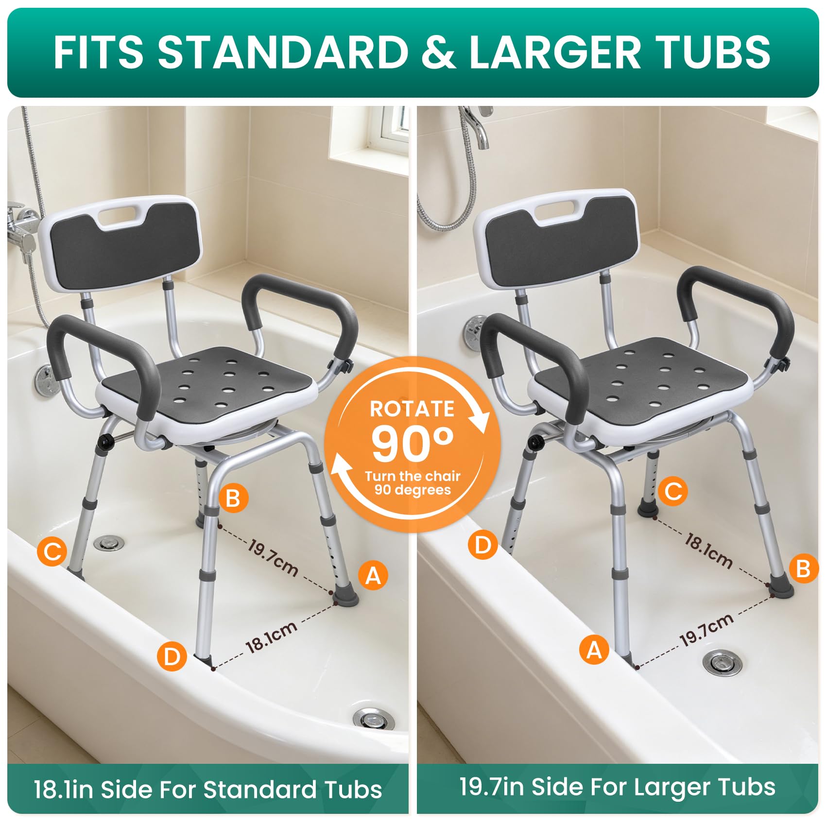 Silla de ducha giratoria con brazos y respaldo, silla de ducha resistente de 400 libras para ancianos y discapacitados, taburete de ducha ajustable en altura para ducha interior, asiento de banco de