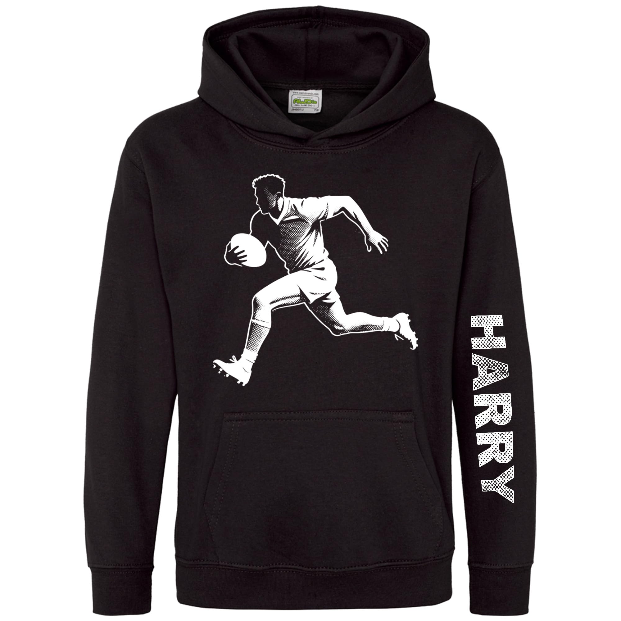 Personalised Rugby Fan Boys Hoodie - Rugga Player Dot Design Kids Hooded Top for Son or Nephew - Custom Name Sleeve Print - Young Rugger Fans Sports Lover Gift, 7-8 Years, Black