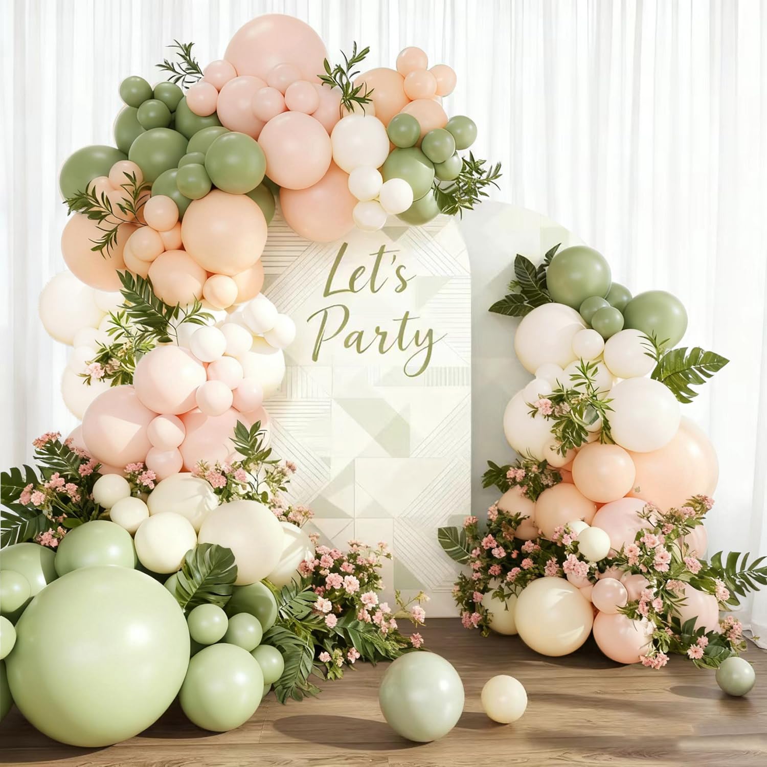 Fog Green Pink Balloon Arch Kit, 114Pcs Sage Green and Pink Balloon Garland with Pastel Orange Beige Cream Balloons for Wedding Jungle Safari Baby Shower Woodland Birthday Party Decorations