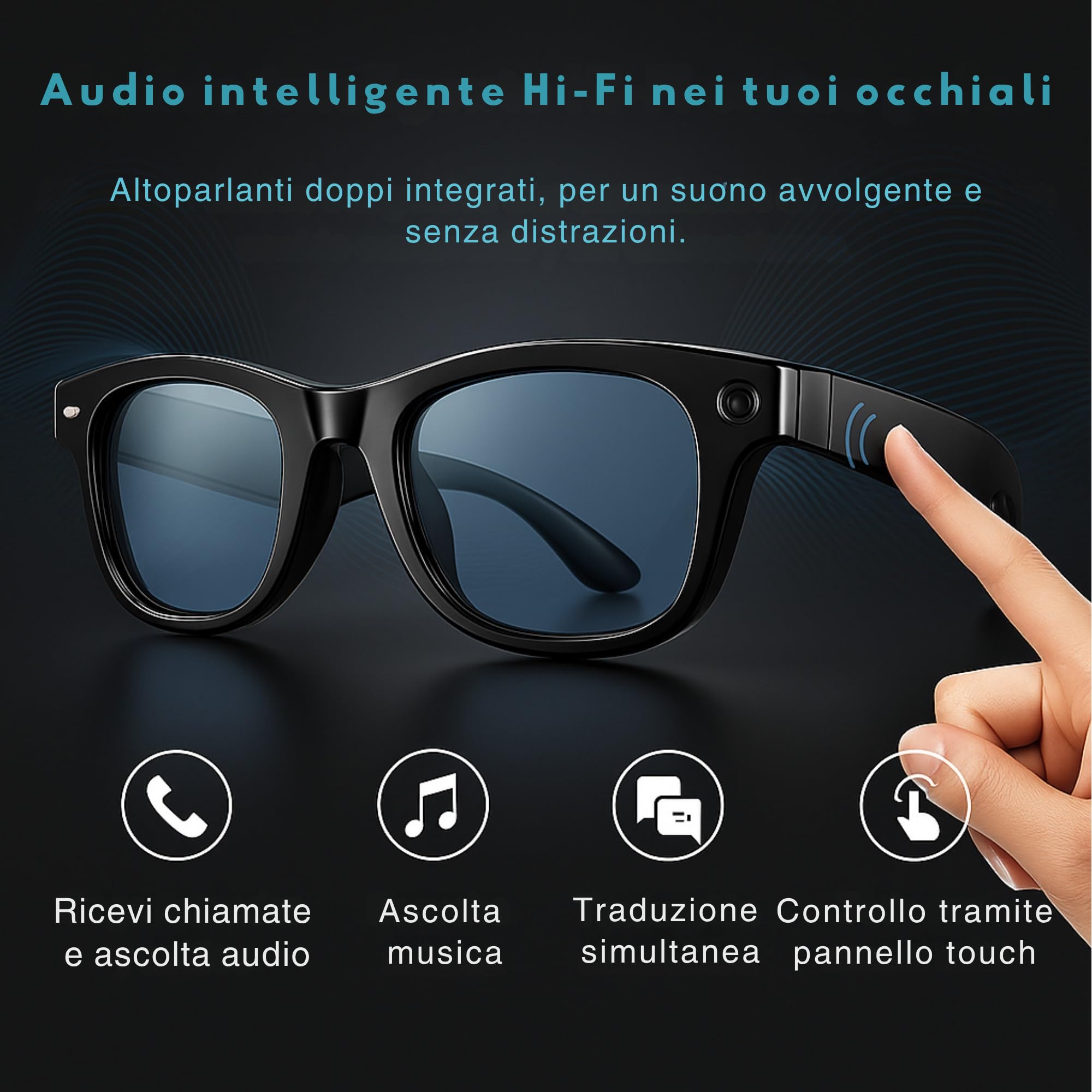 smartia – Occhiali Intelligenti con fotocamera, App inclusa in italiano, Occhiali Bluetooth a mani libere con IA GPT 5 integrata per voce, Occhiali fotocromatici e traduzione in 20 lingue