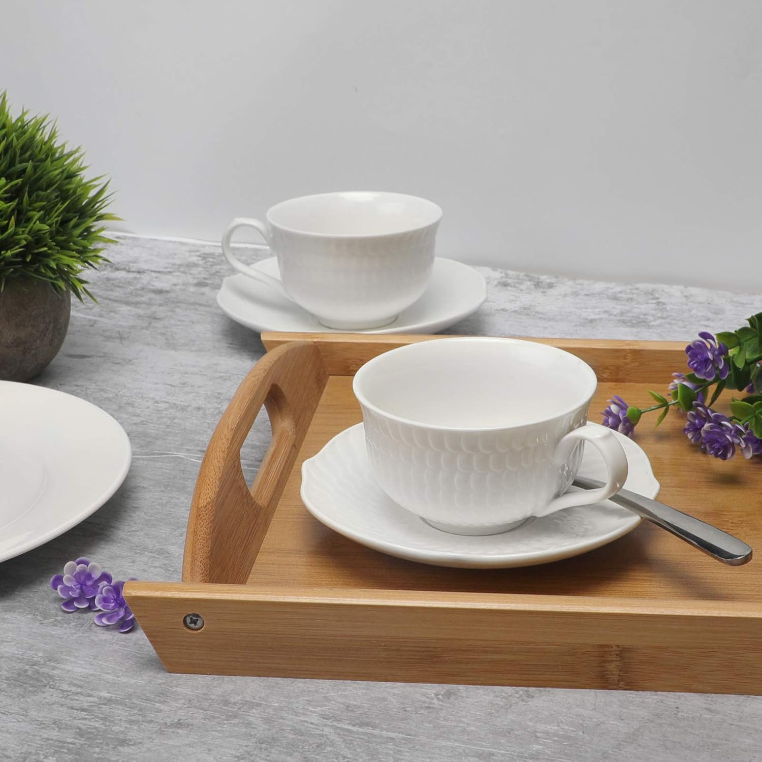 amhomel Tea Cups and Saucers Set of 6, Porcelain Espresso Cups, 6 Oz Cappuccino Cups with Saucers for Specialty Coffee Drinks, Cafe Mocha, Espresso and Tea - Embossed Design, White