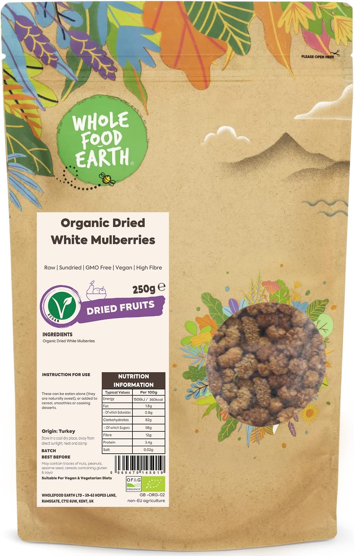 Wholefood Earth Organic Dried White Mulberries – 250g | Raw | Sundried | GMO Free | Vegan | High Fibre | Certified Organic