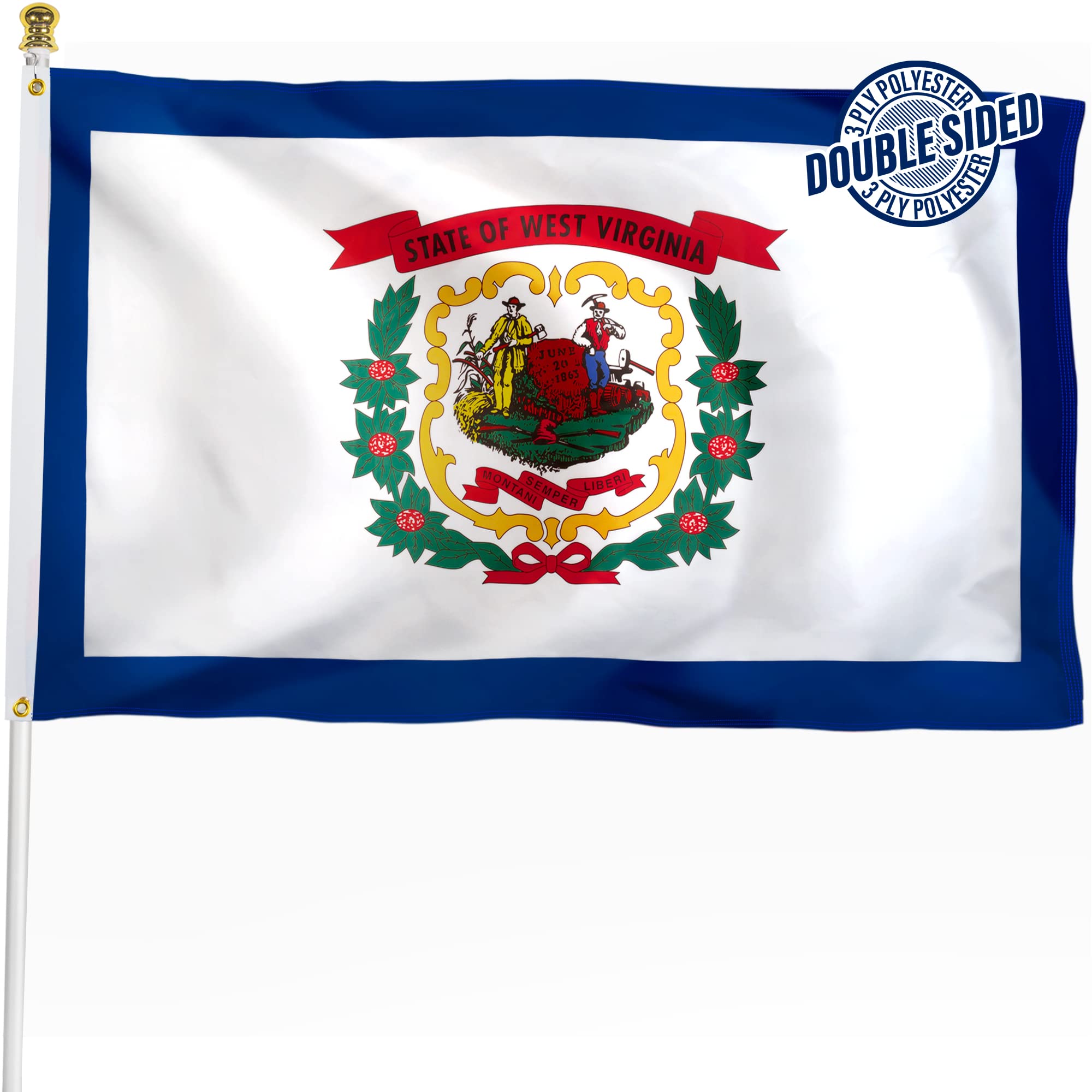 XIFAN Double Sided West Virginia State Flag 3x5 ft, Heavy Duty 3 Ply Durable Polyester, WV Flag with Vibrant Print/4 Rows Hemming/Brass Grommets for Indoor Outdoor Decor