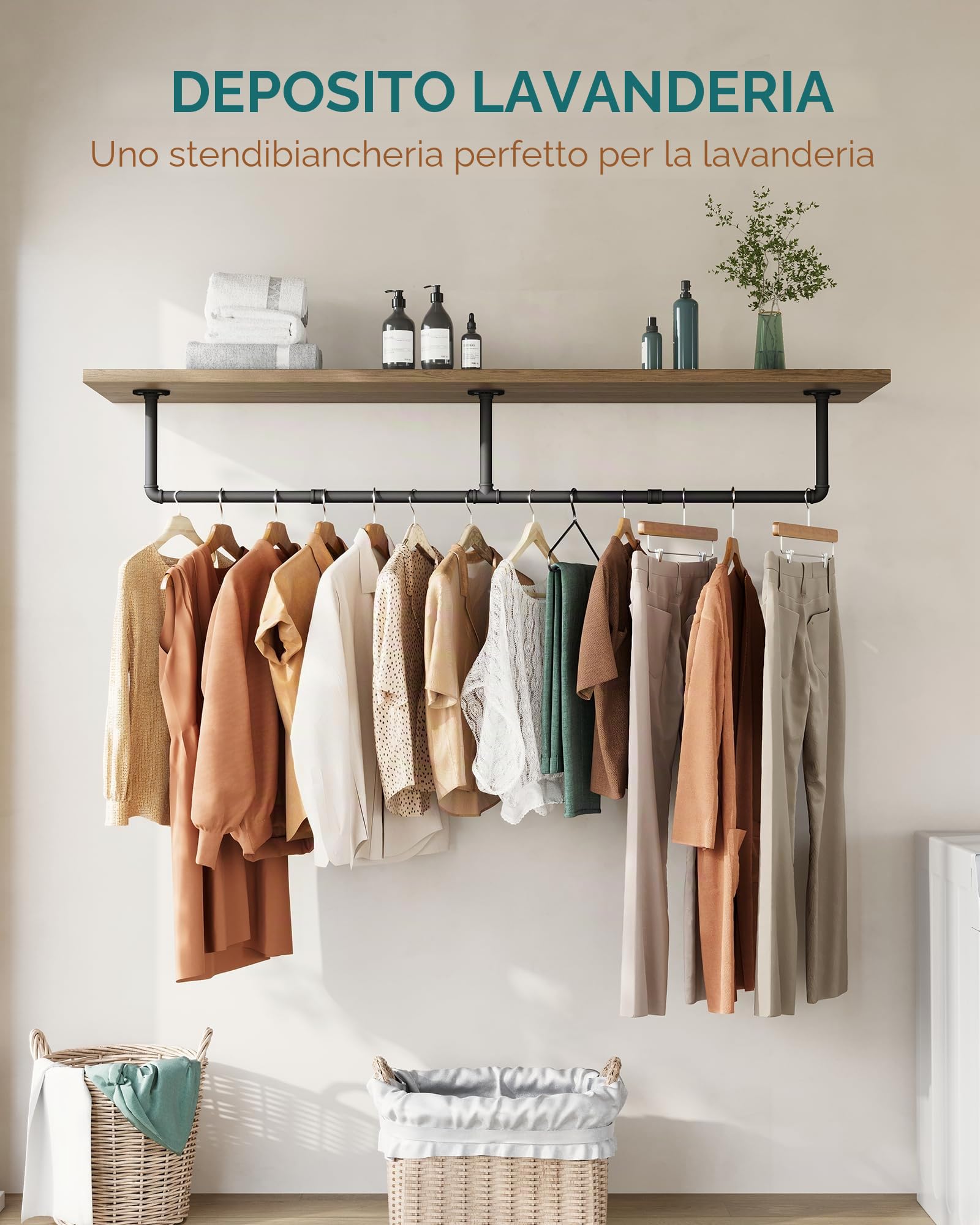 OROPY Set di 2 Penderia per Abiti Industriale, Barra di Metallo Retrò Rimovibile da 167 cm a Parete per Appendere i Vestiti, Penderia Robusta per lo Stoccaggio in Camera da Letto, Nero (3 Basi)