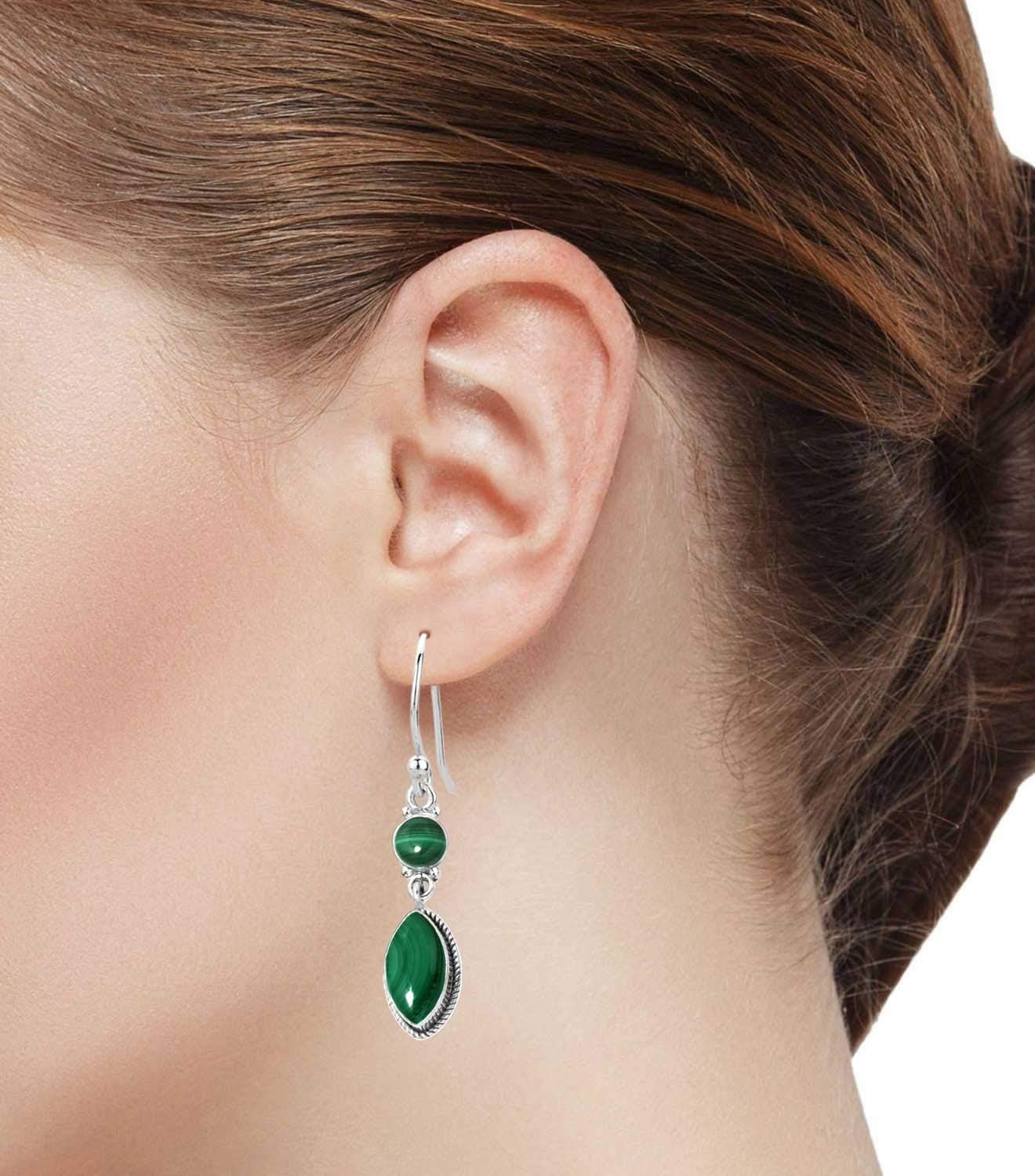 Natural Gemstone Drop Dangle Earring For Women Agate, Lapis, Onyx, Pearl Marquise Round Boho Genuine 925 Sterling Silver Handmade Jewelry